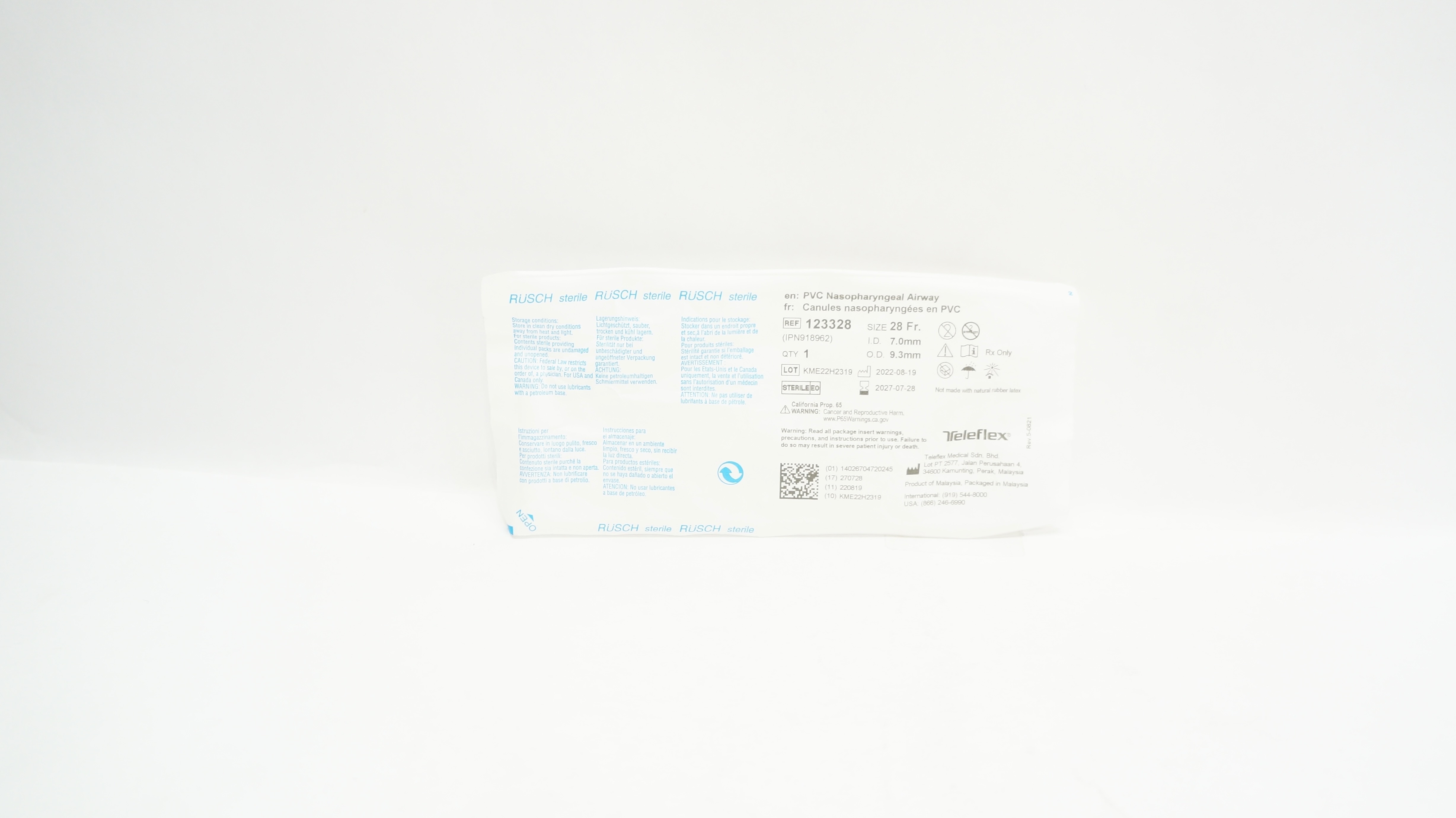 Teleflex 123328 Rusch PVC Nasopharyngeal Airway 28Fr. x ID 7.0mm x OD 9.3mm