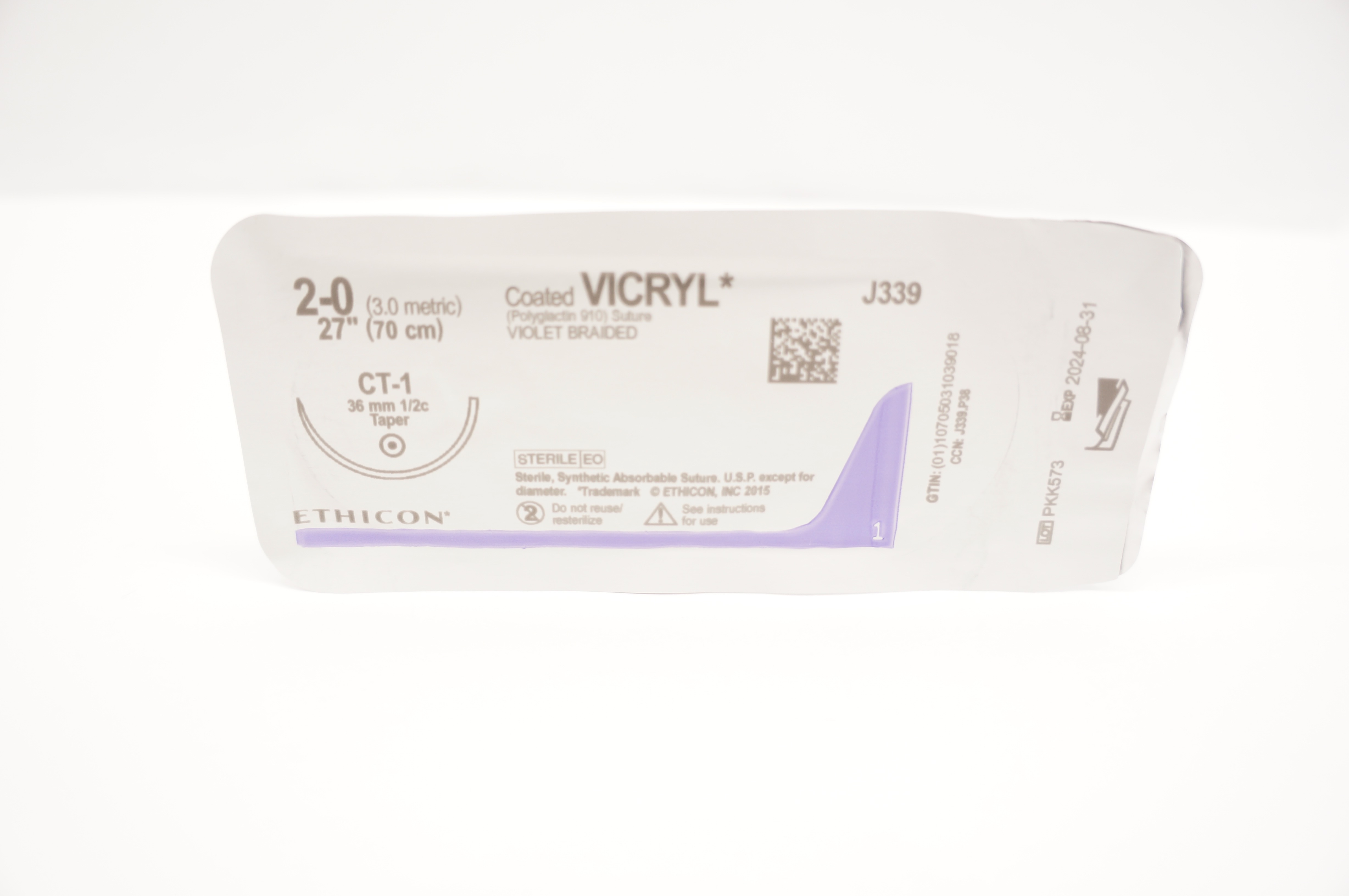 Ethicon J339 2-0 Coated VICRYL CT-1 36mm 1/2c Taper 27inch