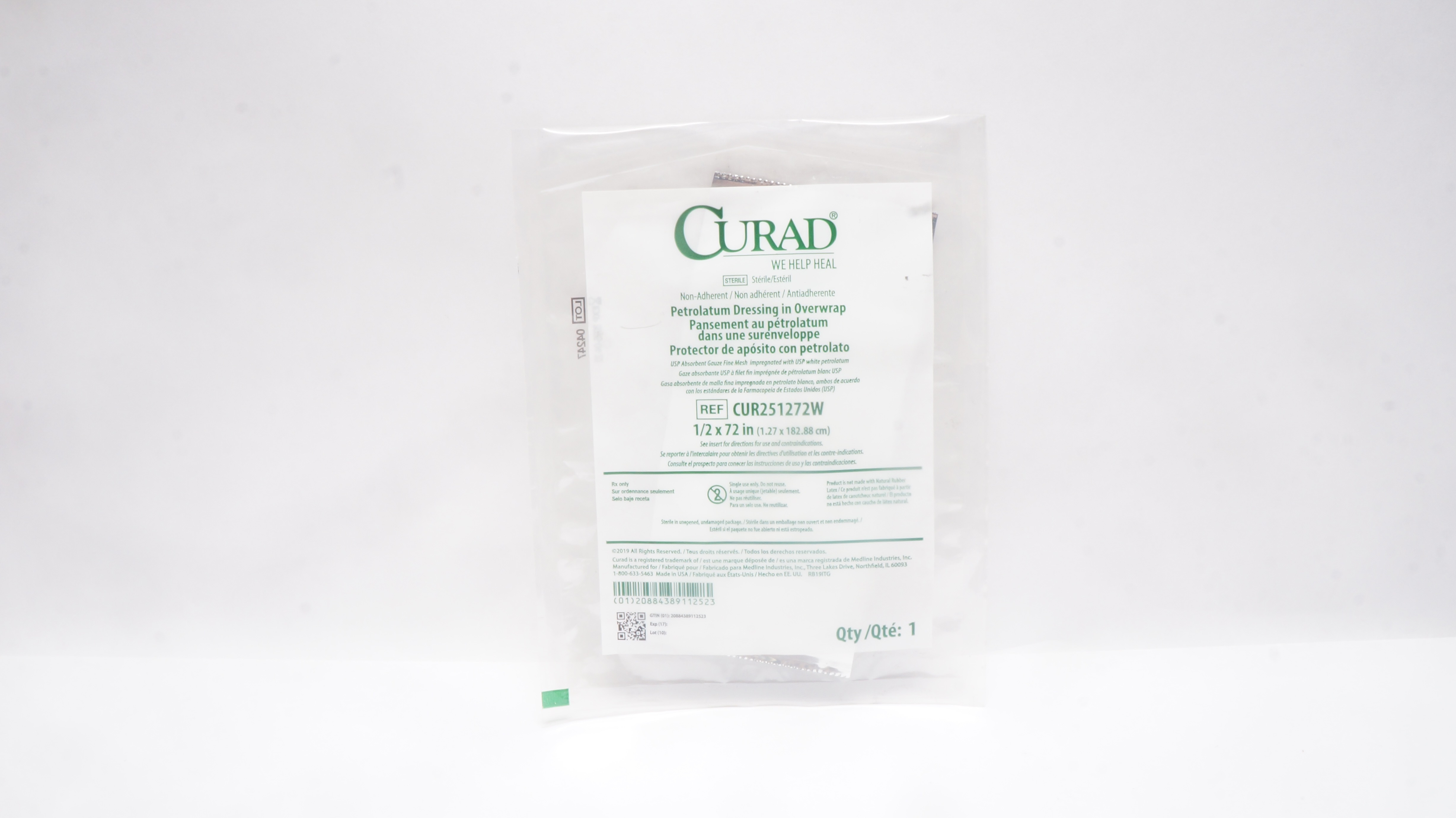 Medline CUR251272W Curad Petrolatum Dressing in Overwrap 1/2inch x 72inch
