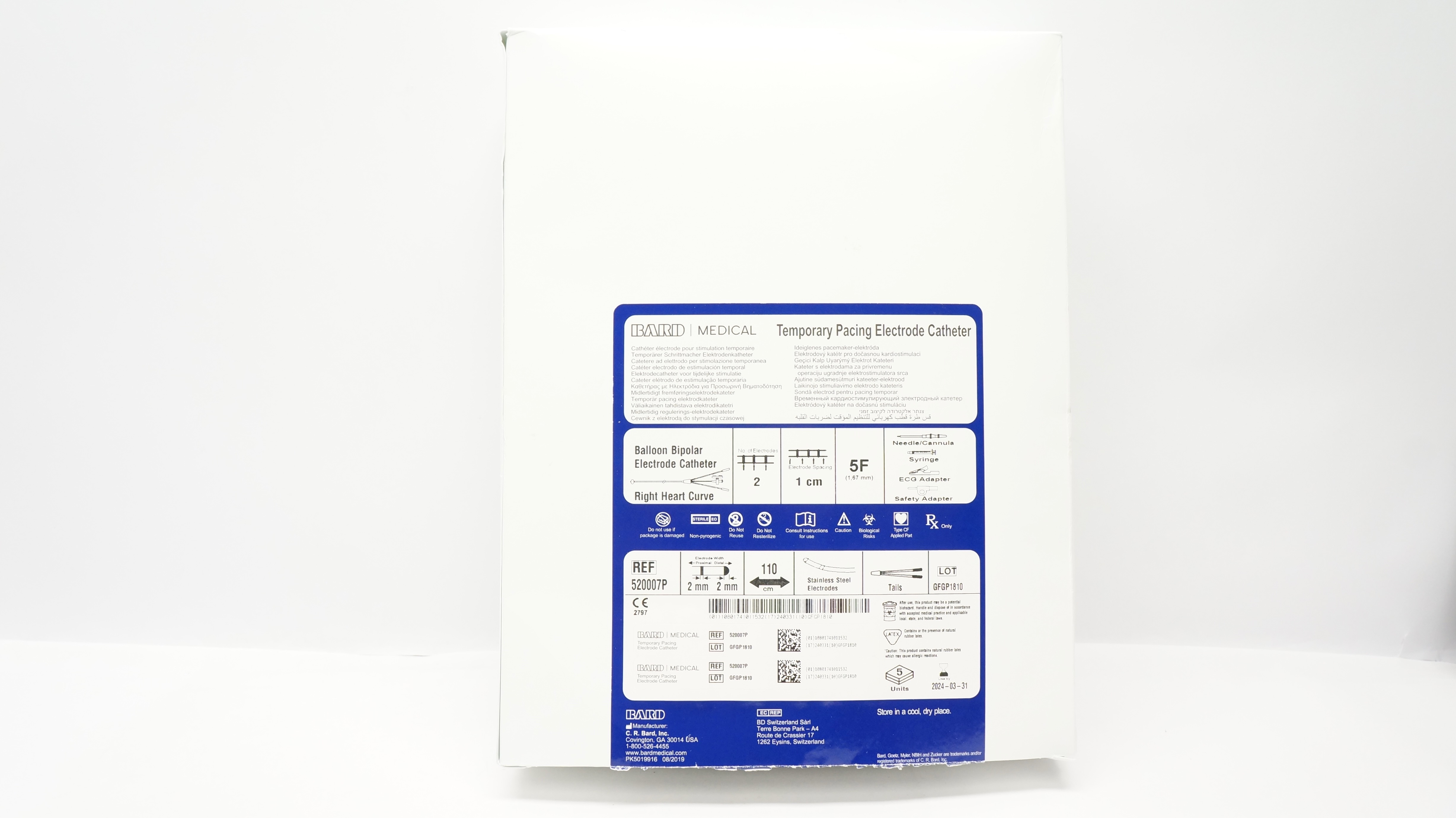 Bard 520007P Temporary Pacing Electrode Cath. 5F x 110cm (x) - Box of 5