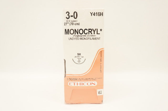 Ethicon Y416H 3-0 MONOCRYL, SH 26mm 1/2 Circle, 27inch - Box of 36