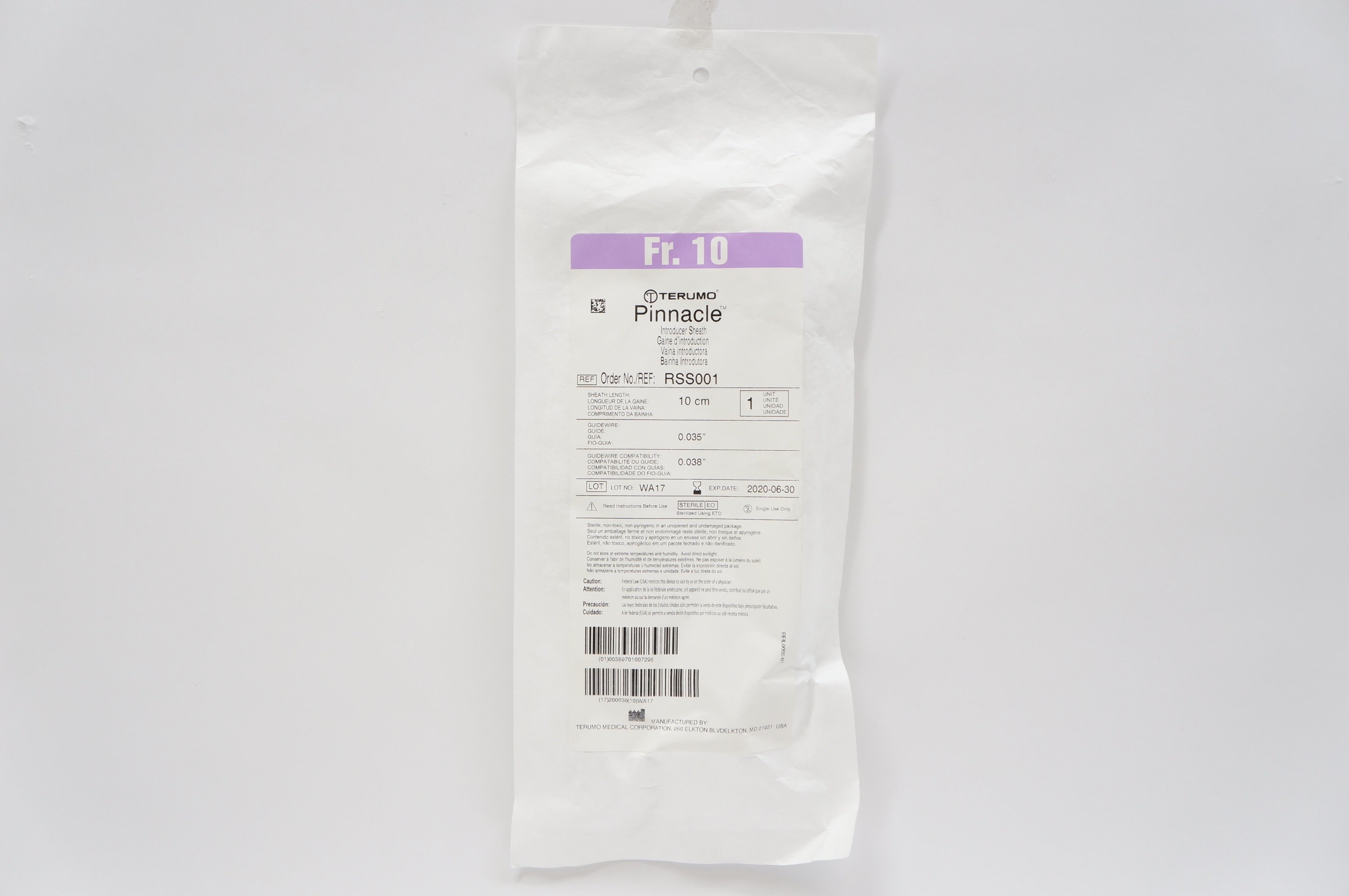 Terumo RSS001 Pinnacle Introducer Sheath, 10cm x 0.035inch x 0.038inch (x)
