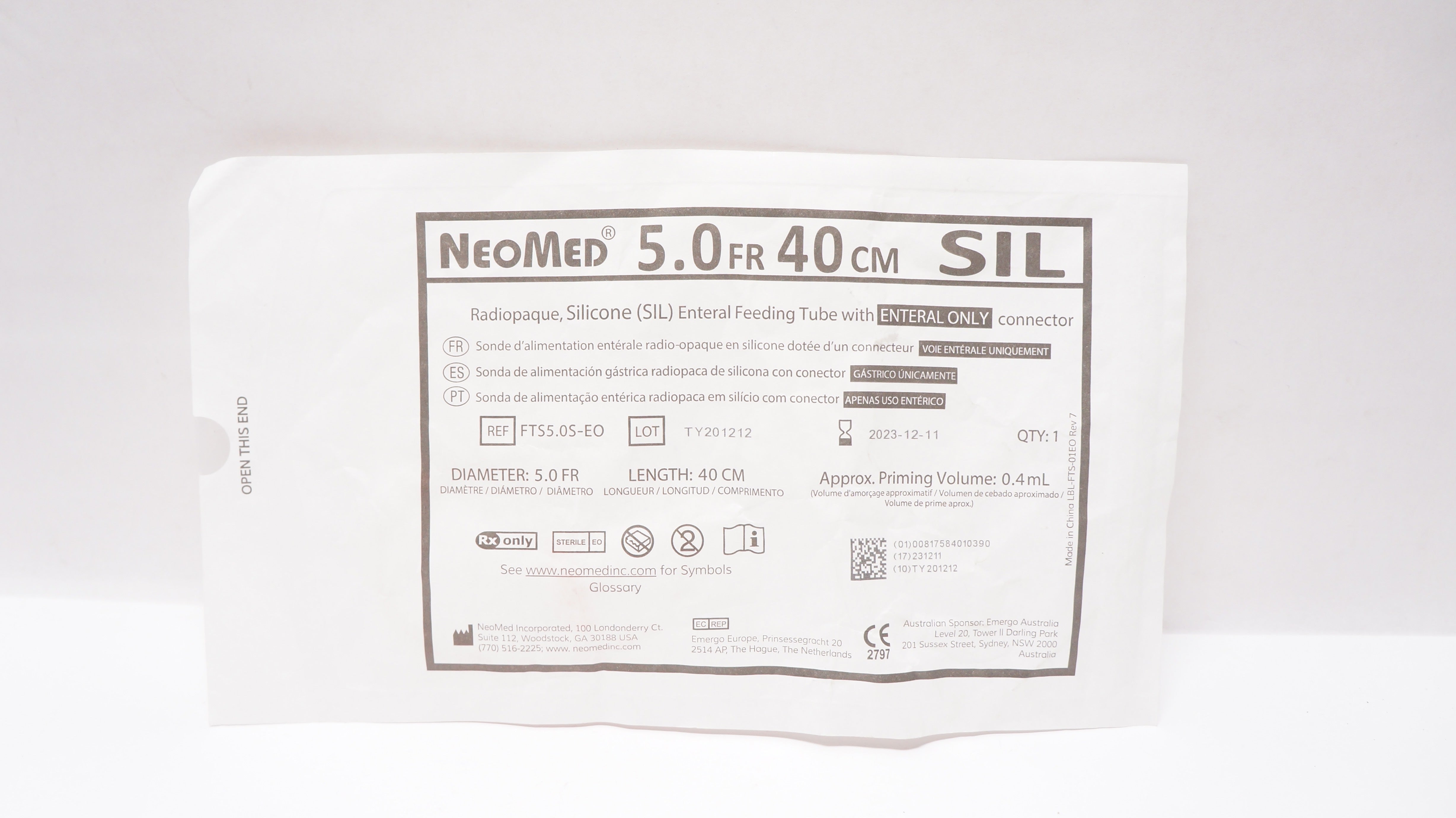 NeoMed FTS5.0S-EO Radiopaque, Silicone Enteral Feeding Tube 5.0Fr x 40cm, 0.4mL