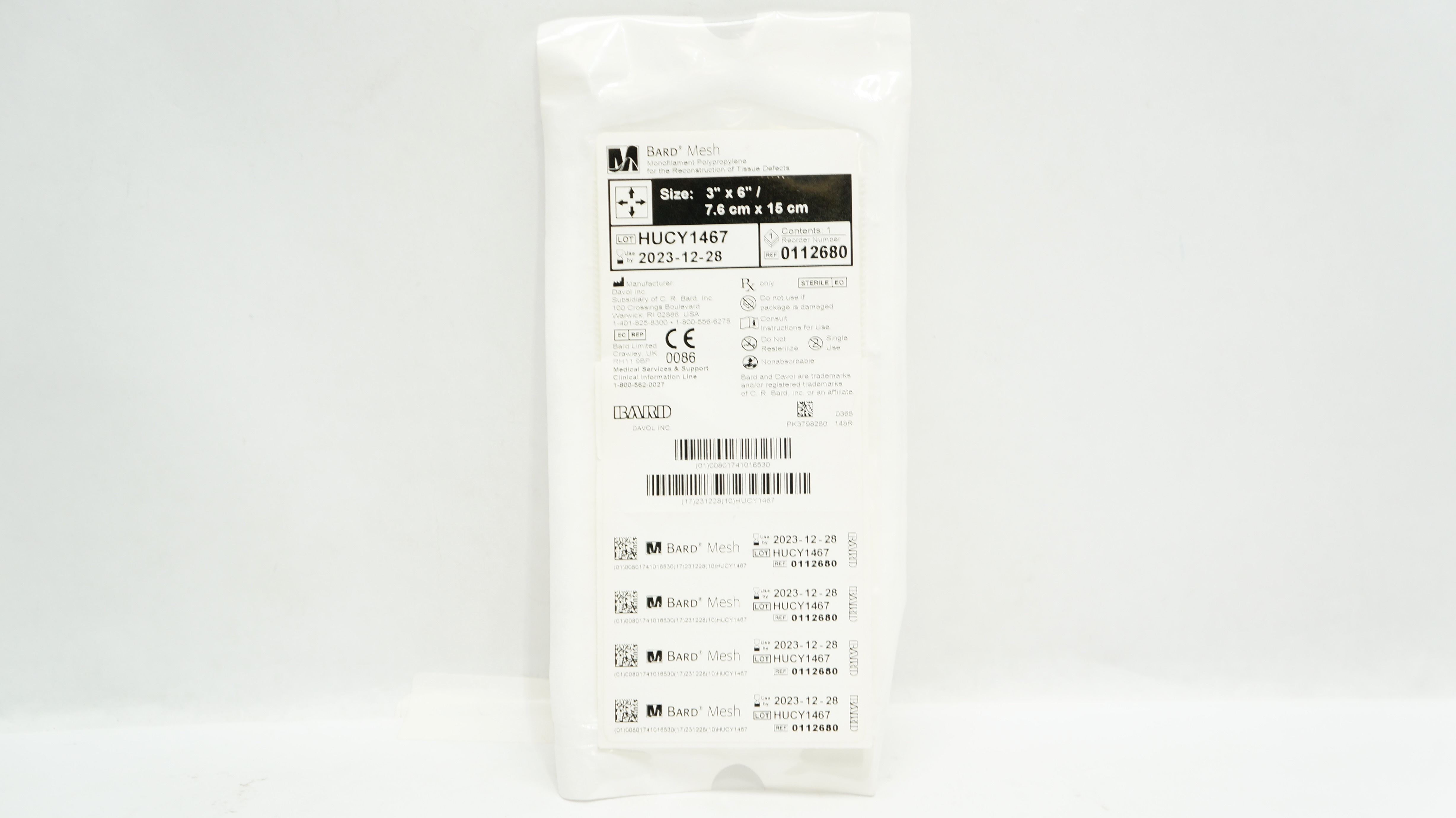 Bard 0112680 Davol Mesh Monofilament Porypropylene Size 3inch x 6inch