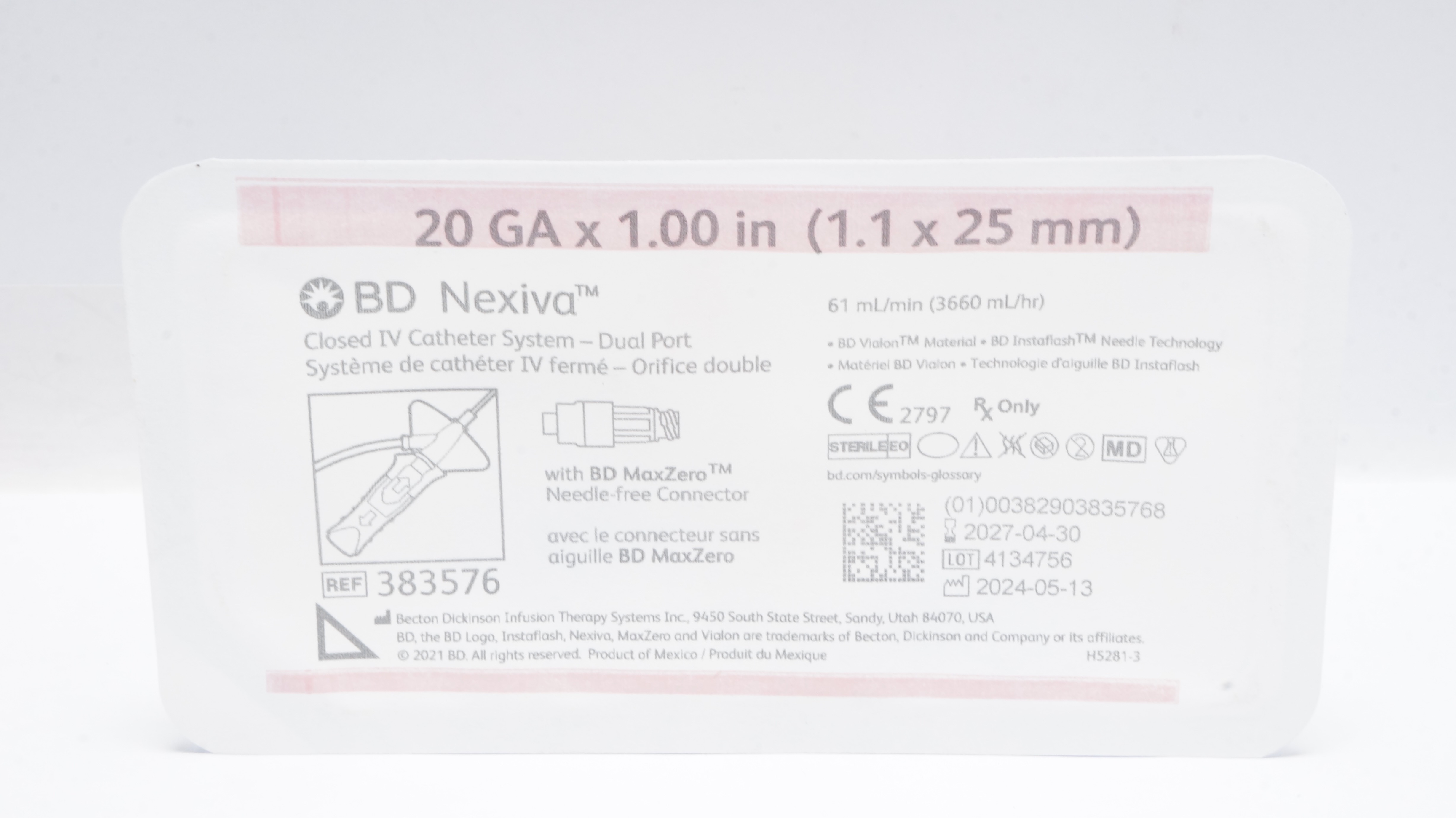 BD 383576 Nexiva Closed IV Cath. System-Dual Port 20Ga x 1.00inch 61mL/min