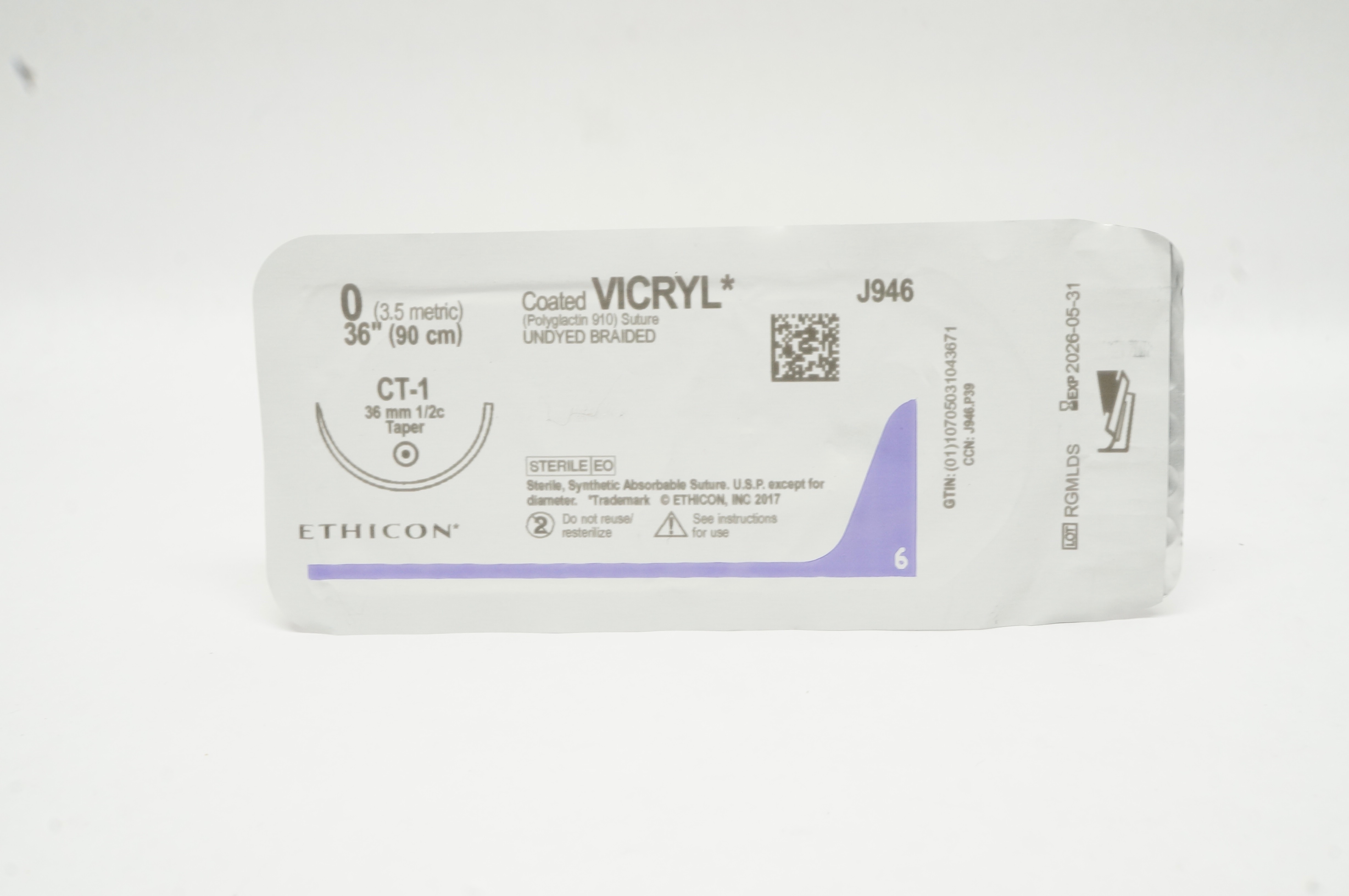 Ethicon J946 0 Coated VICRYL Stre Undyed Braided CT-1 36mm 1/2c Taper 36inch