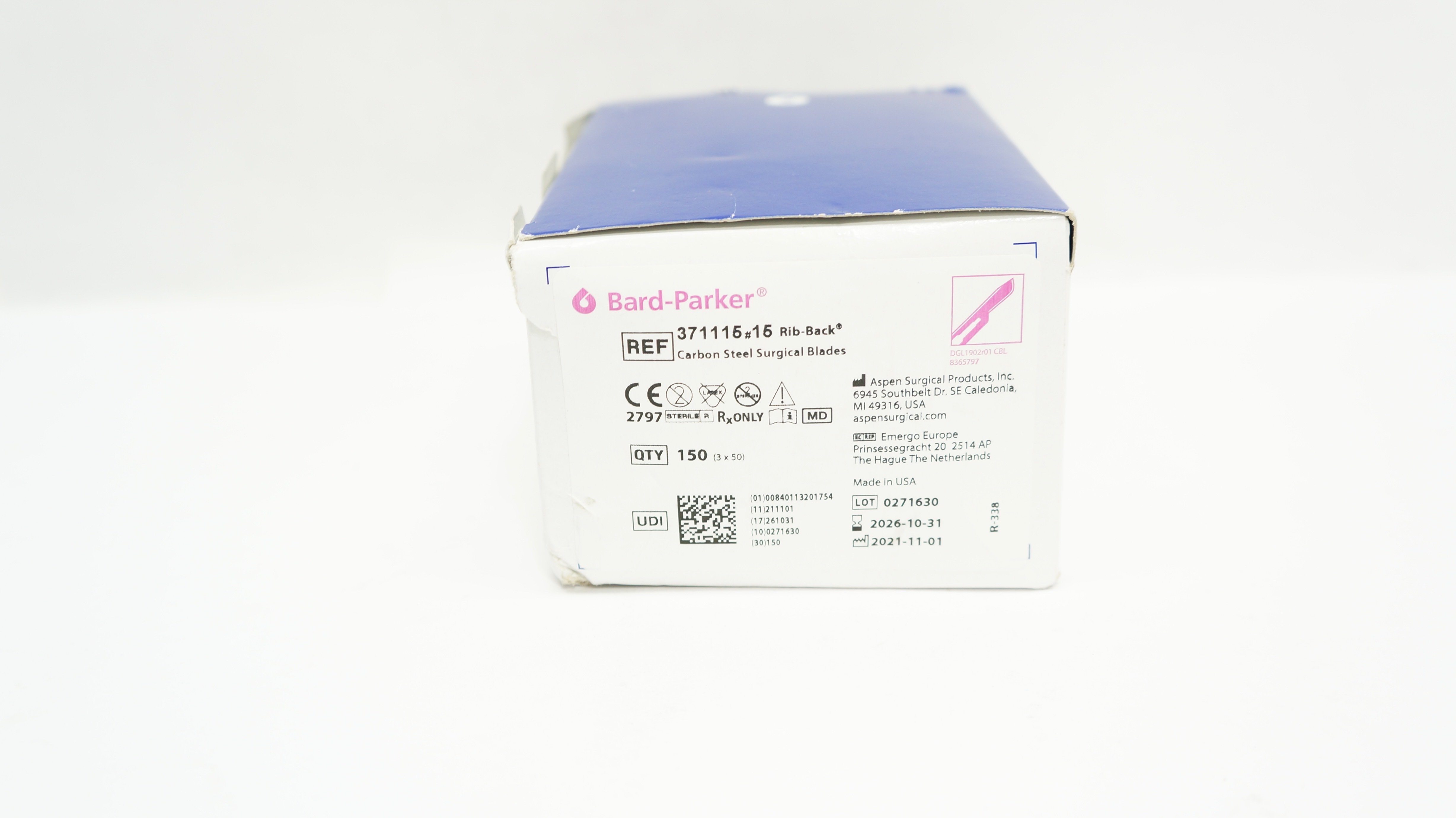 Aspen 371115 Bard-Parker Rib-Back Carbon Steel Surgical Blades #15 - Box of 150