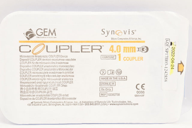 Synovis GEM2756 GEM Microvascular Anastomotic Coupler Device 4.0mm