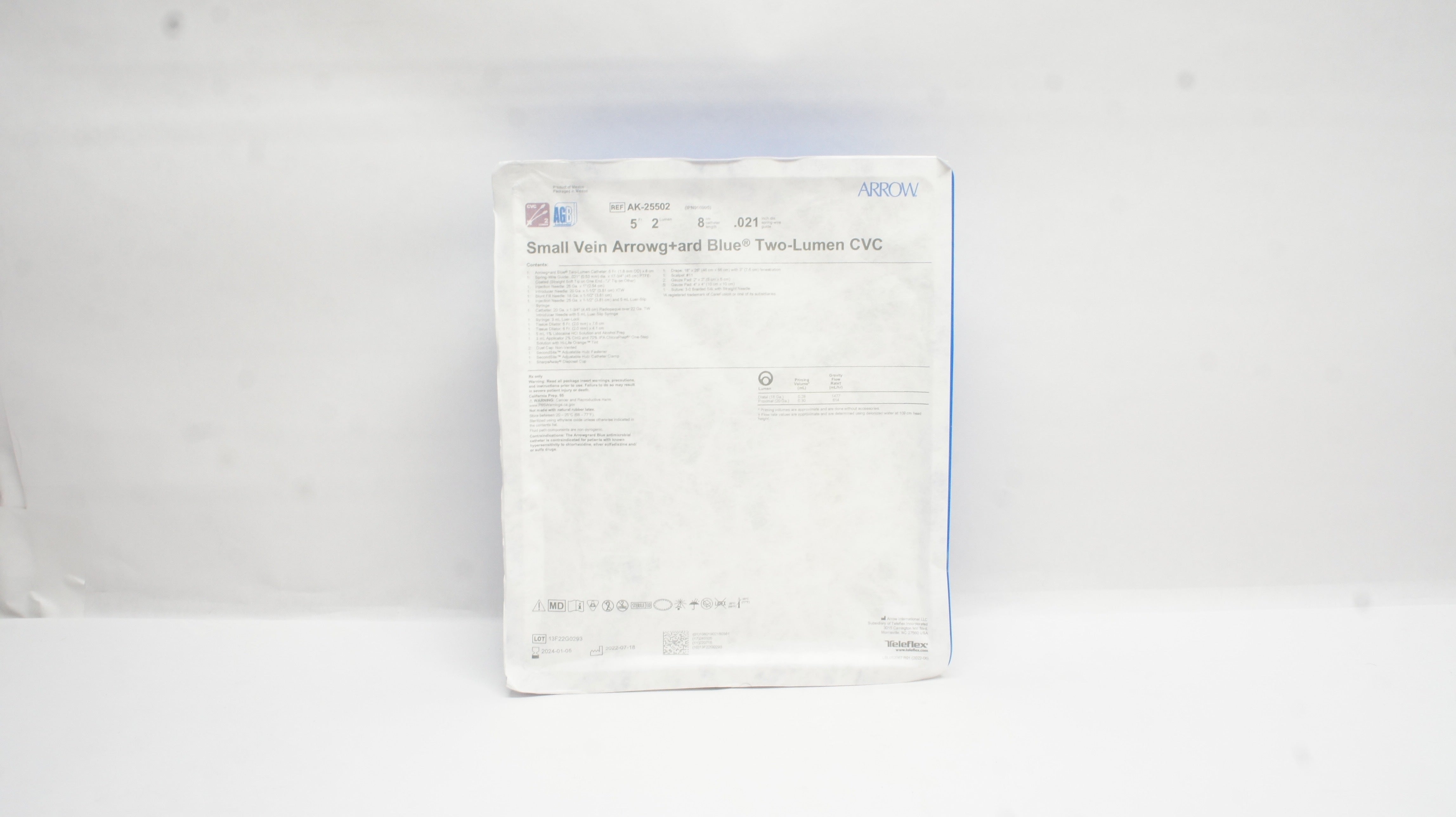 Arrow AK-25502 Small Vein Two-Lumen Central Venous Cath. Kit 5Fr 8cm .021inch