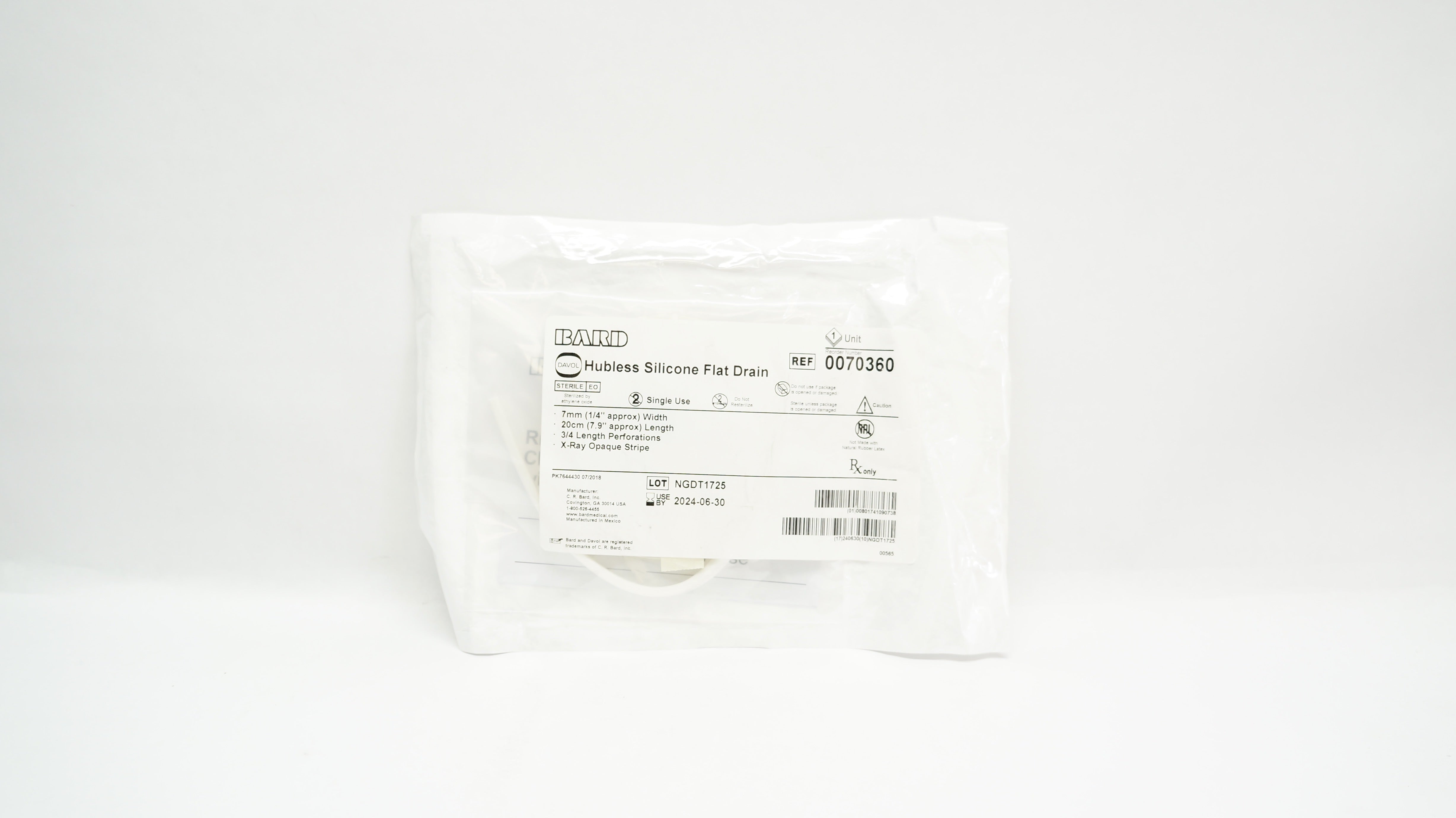 Bard 0070360 Hubless Silicone Flat Drain 7mm x 20cm