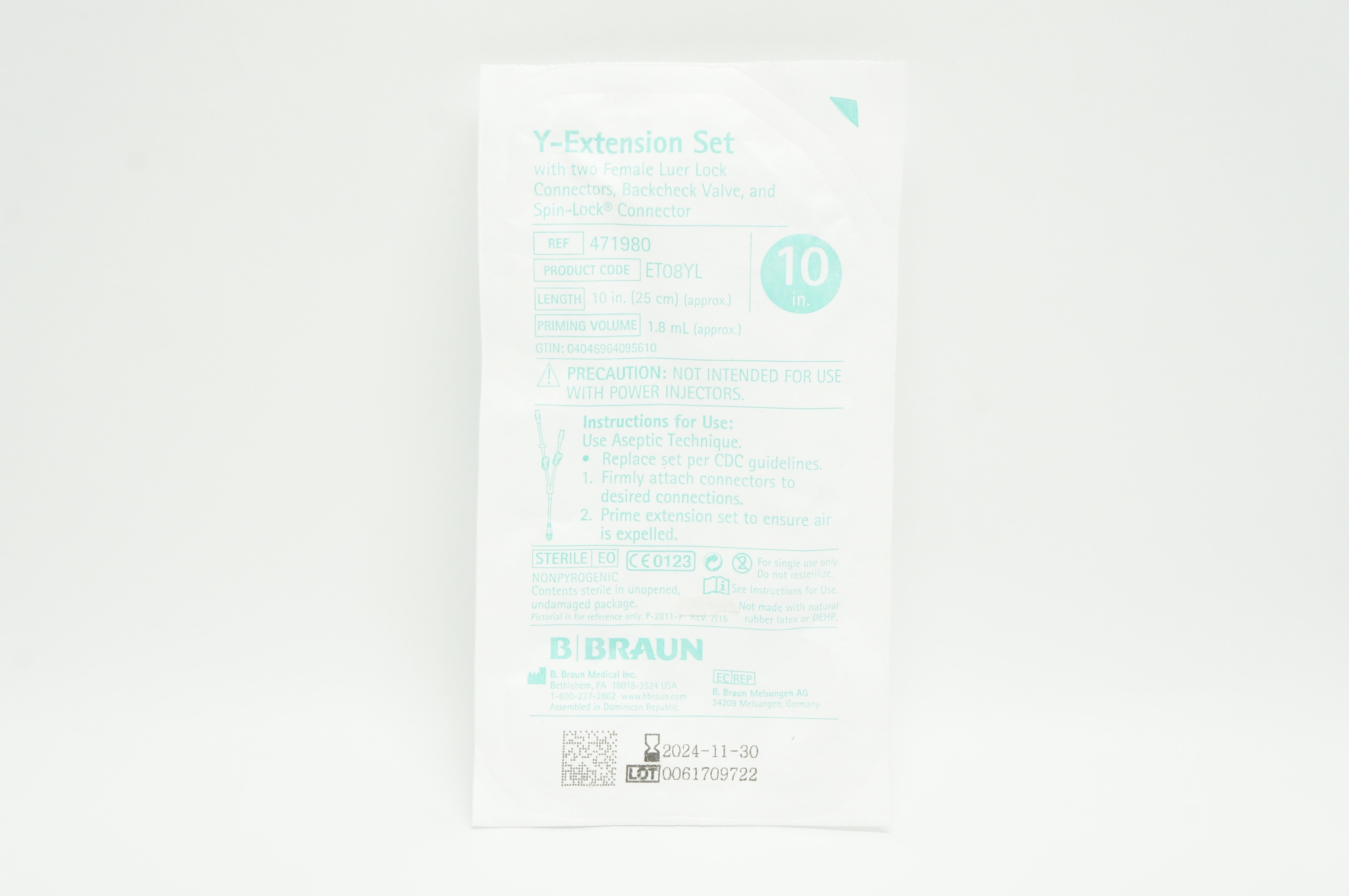B.Braun 471980 Y-Extension Set W/ 2 Female Luer Lock Connectors, 10inch