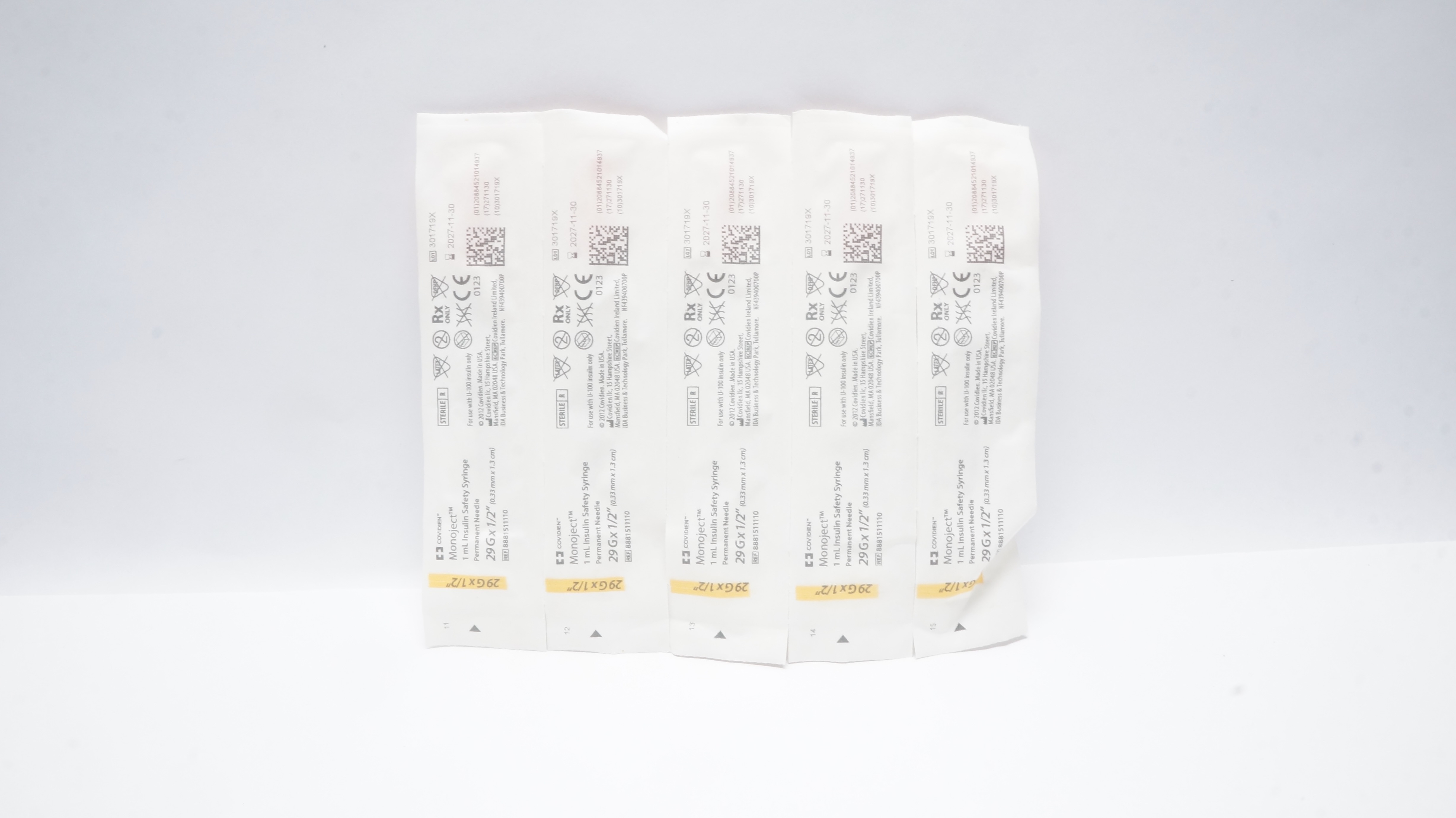 Covidien 8881511110 Monoject 1mL Insulin Safety Syringe 29G x 1/2In - Lot of 5