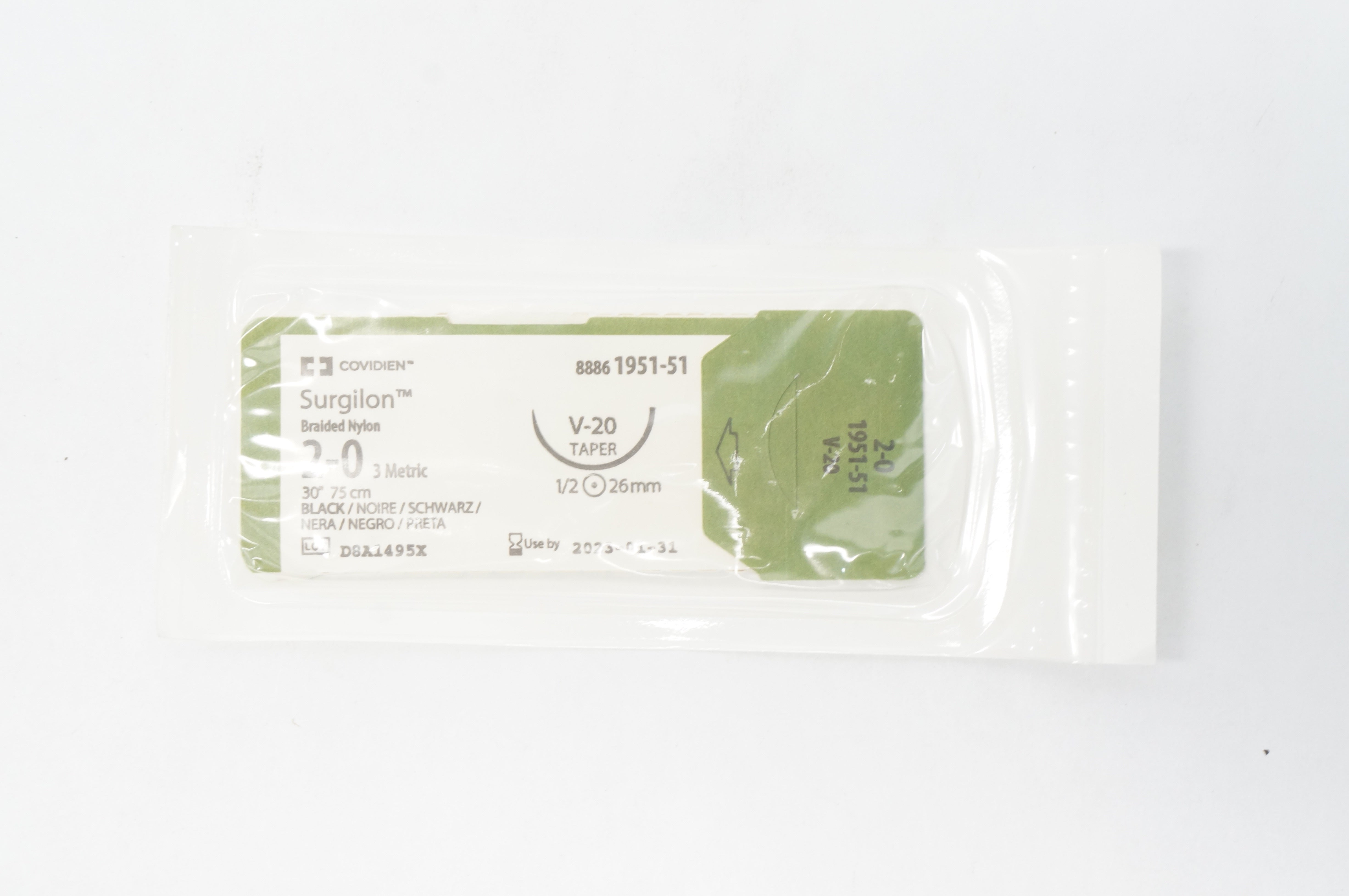 Covidien 1951-51 2-0 Surgilon Braided Nylon V-20 Taper 1/2 26mm 30inch