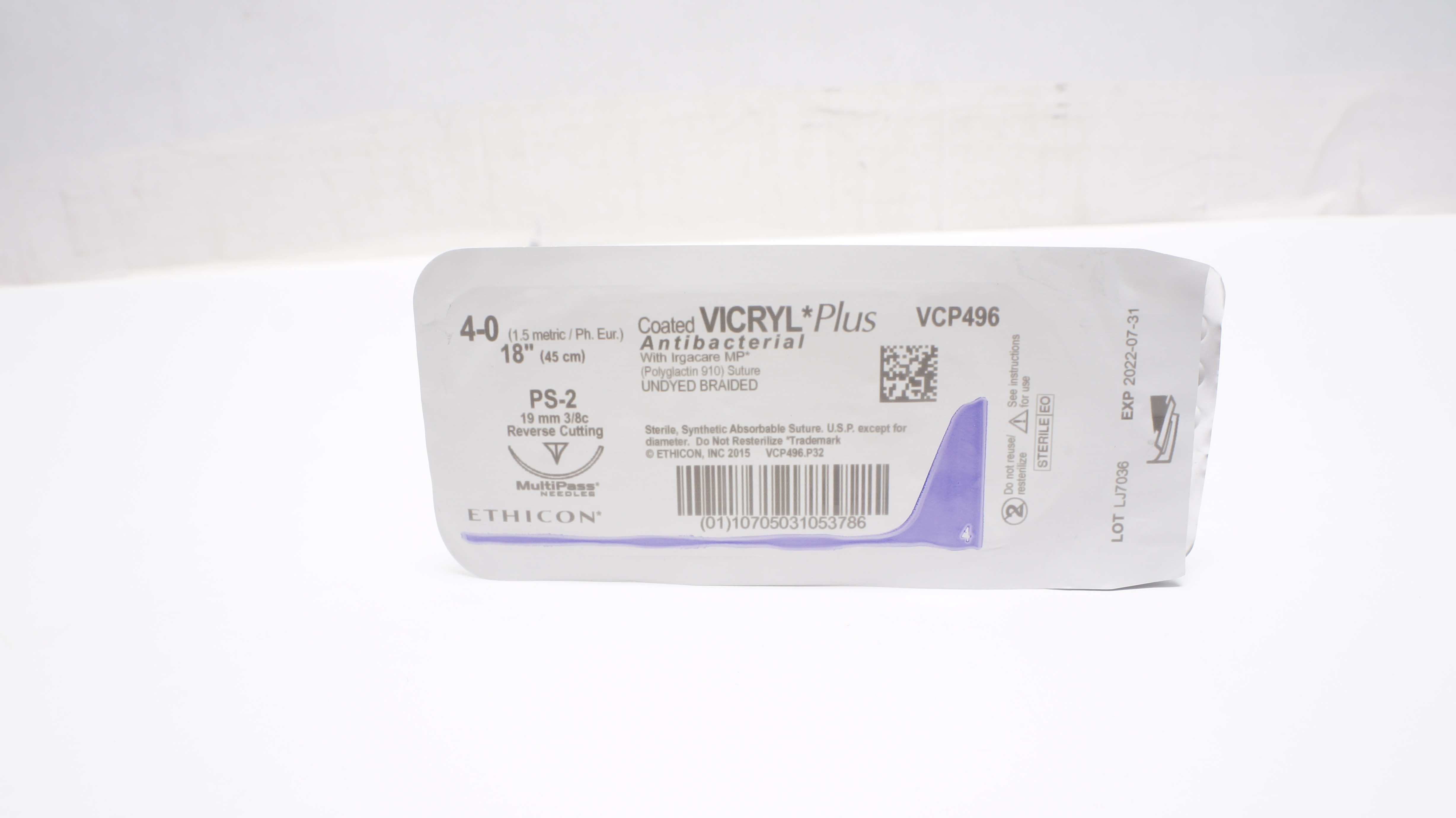 Ethicon VCP496 4-0 Vicryl Plus Stre PS-2 Reverse Cutting 19mm 3/8c 18inch (x)