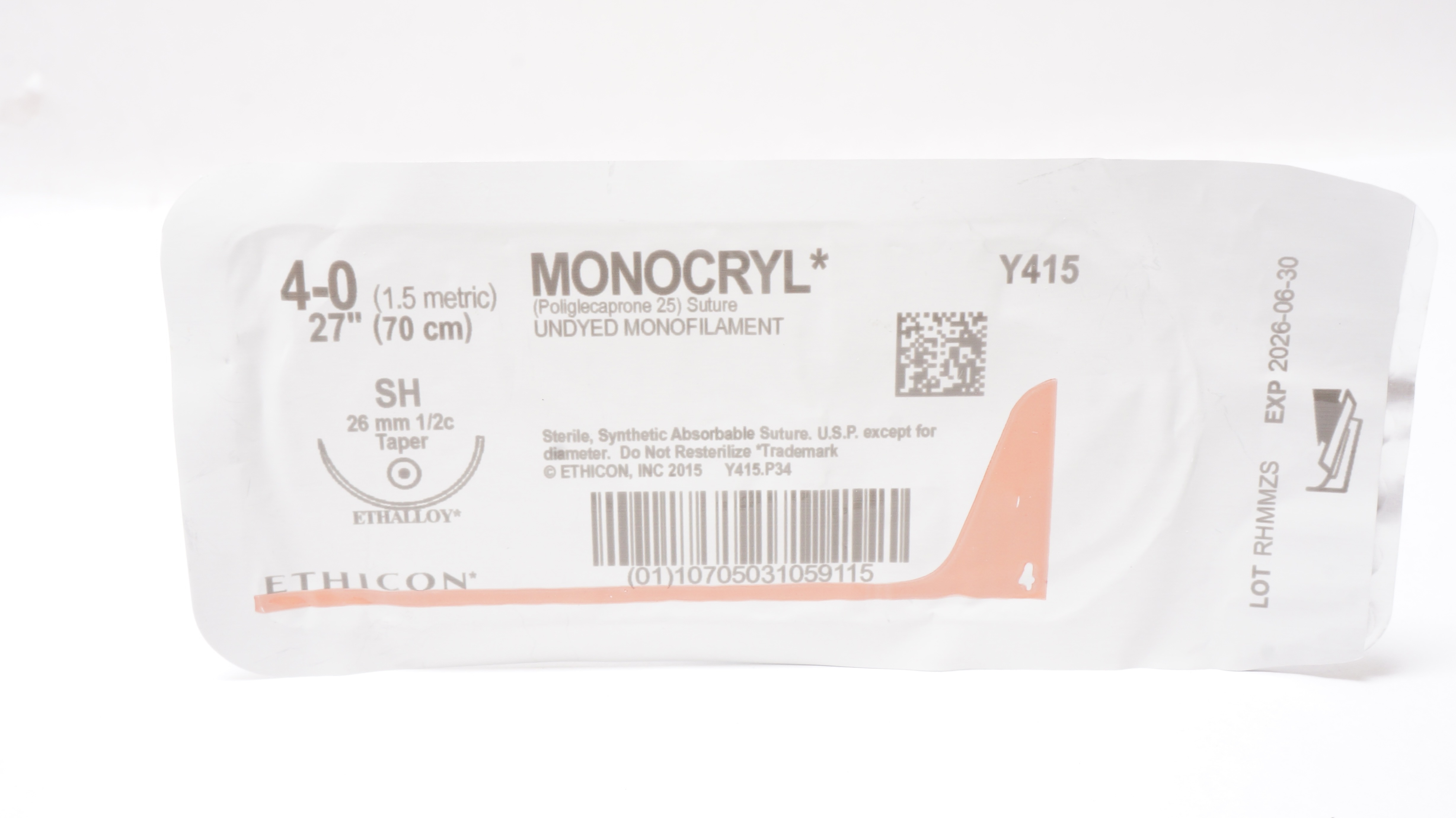Ethicon Y415 4-0 MONOCRYL, SH, 26mm 1/2c Taper, 27inch