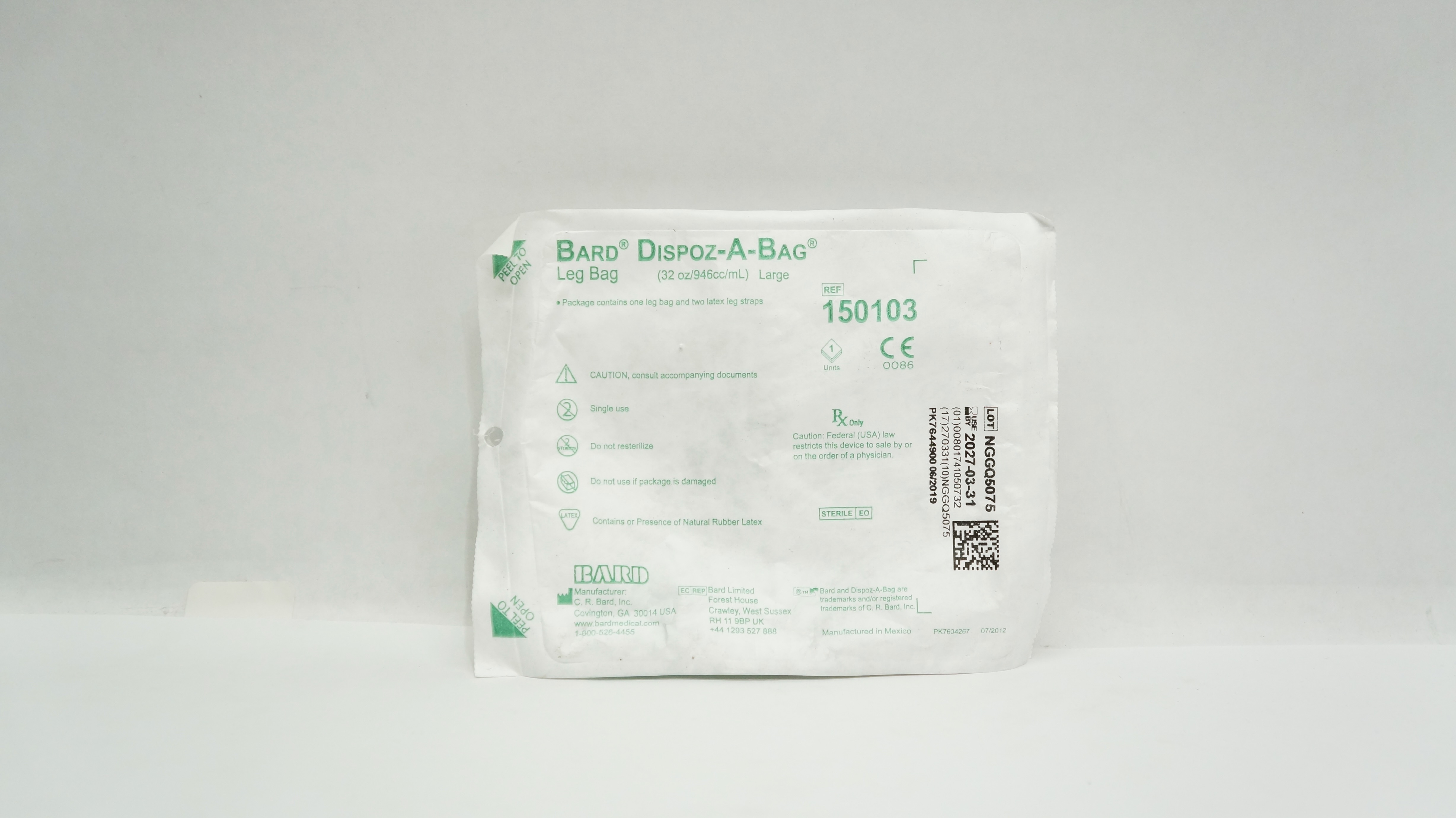 Bard 150103 Dispoz-A-Bag Leg Bag with Leg Straps, Large, 32oz/946cc/mL