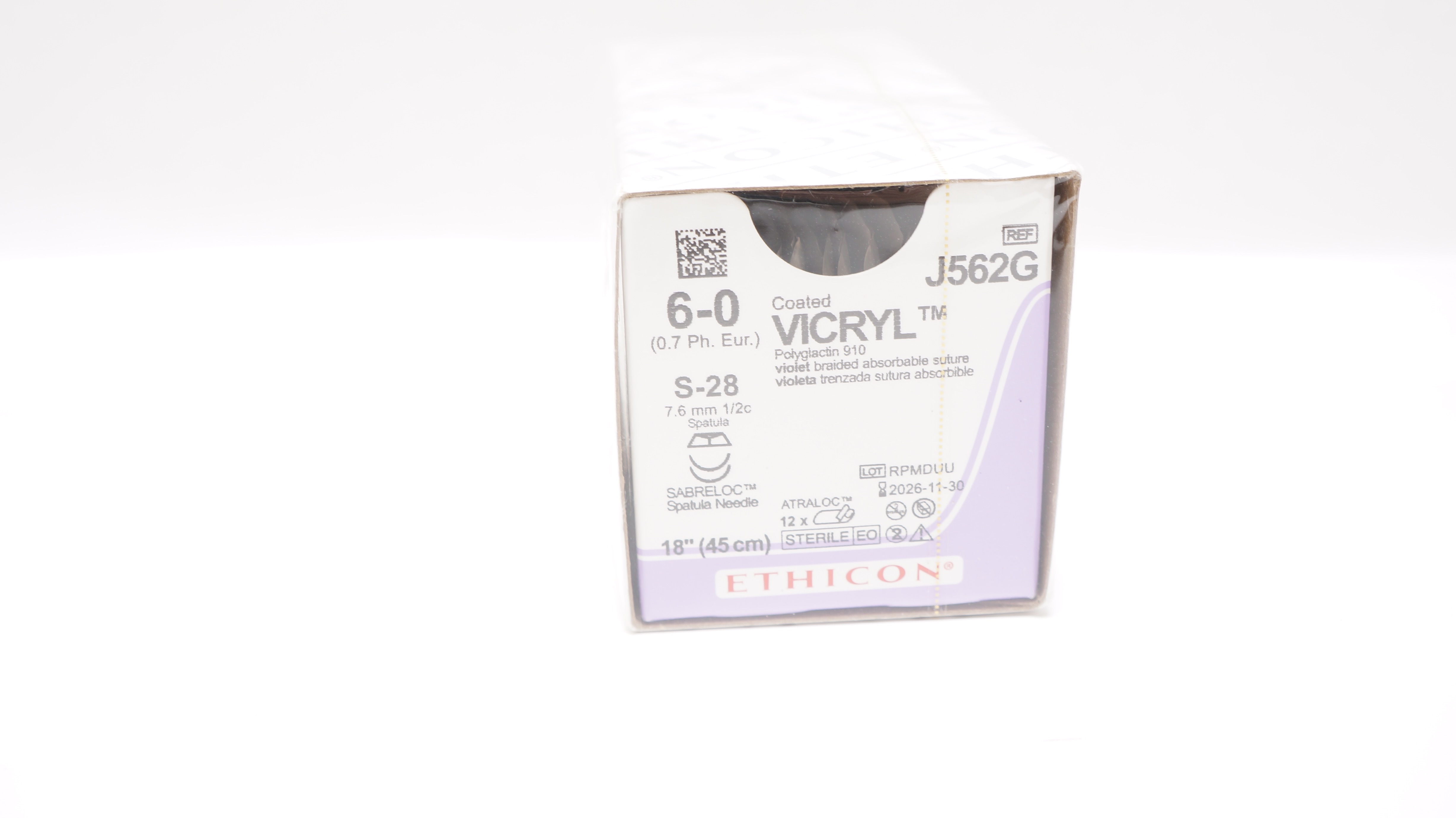 Ethicon J562G 6-0 Coated Vicryl Stre S-28 7.6mm 1/2c Spatula - Box of 12
