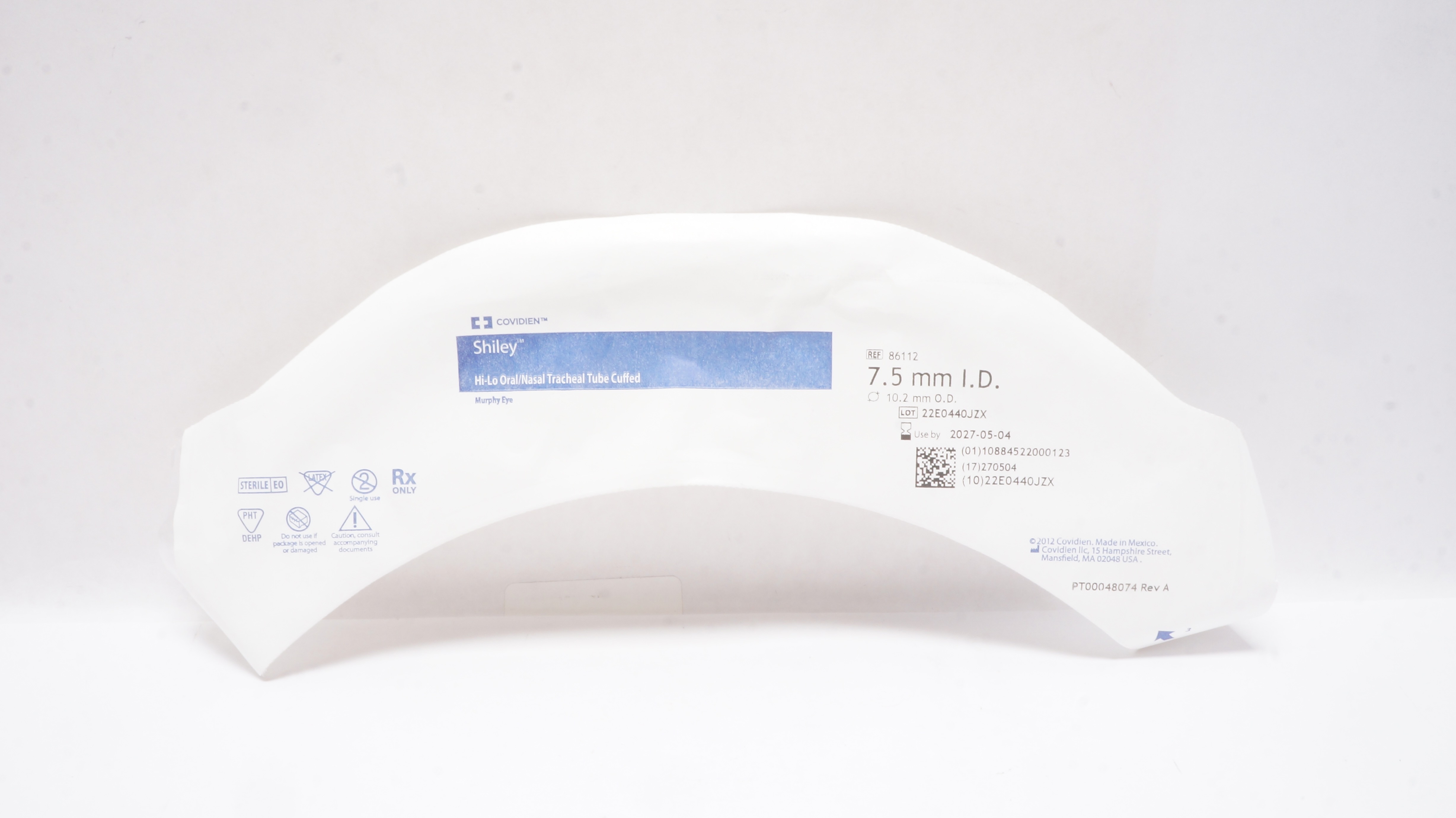 Covidien 86112 Shiley Hi-Lo Oral/Nasal Tracheal Tube Cuffed 7.5mm ID x 10.2mm OD