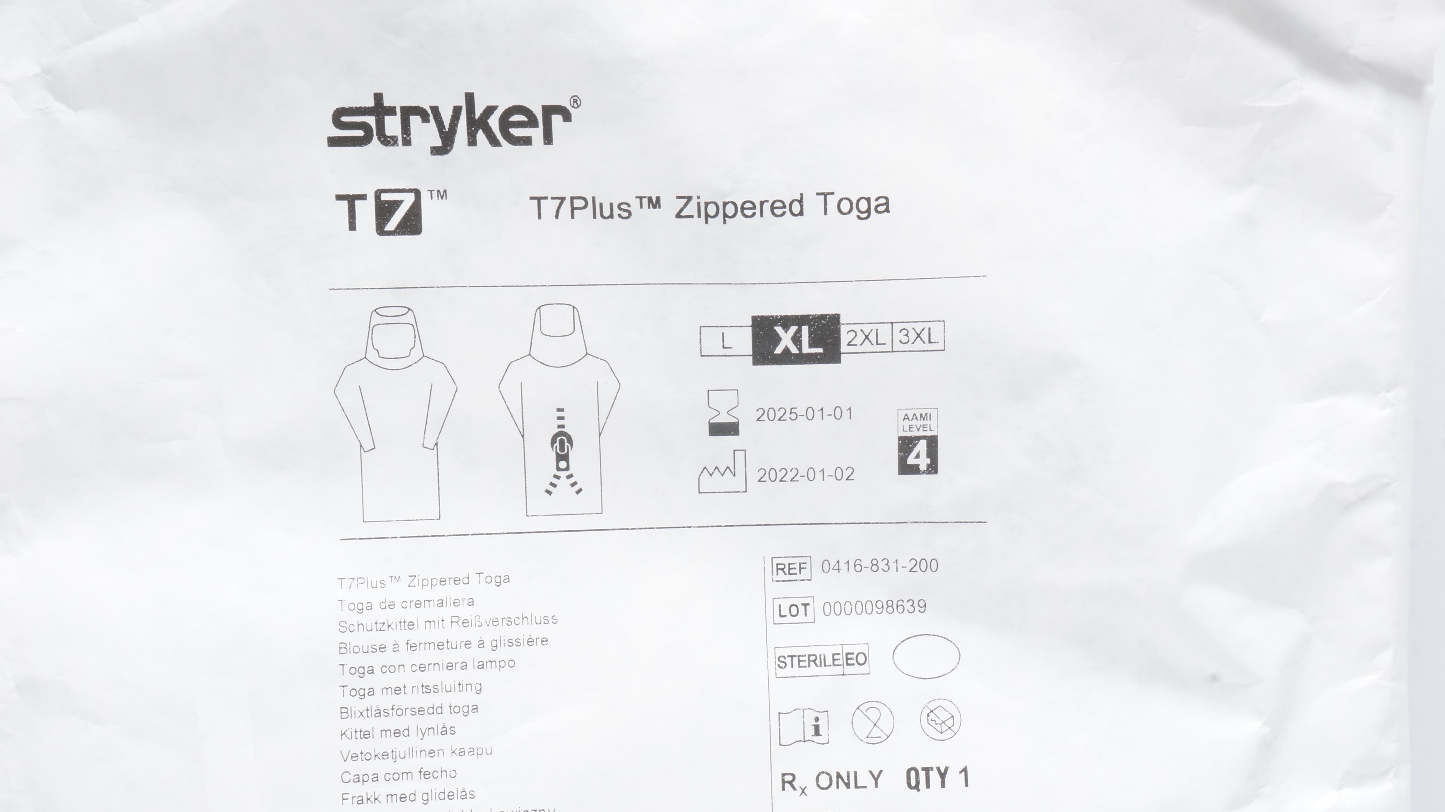 Stryker 0416-831-200 T7Plus Zippered Toga, Size XL AAMI Level 4