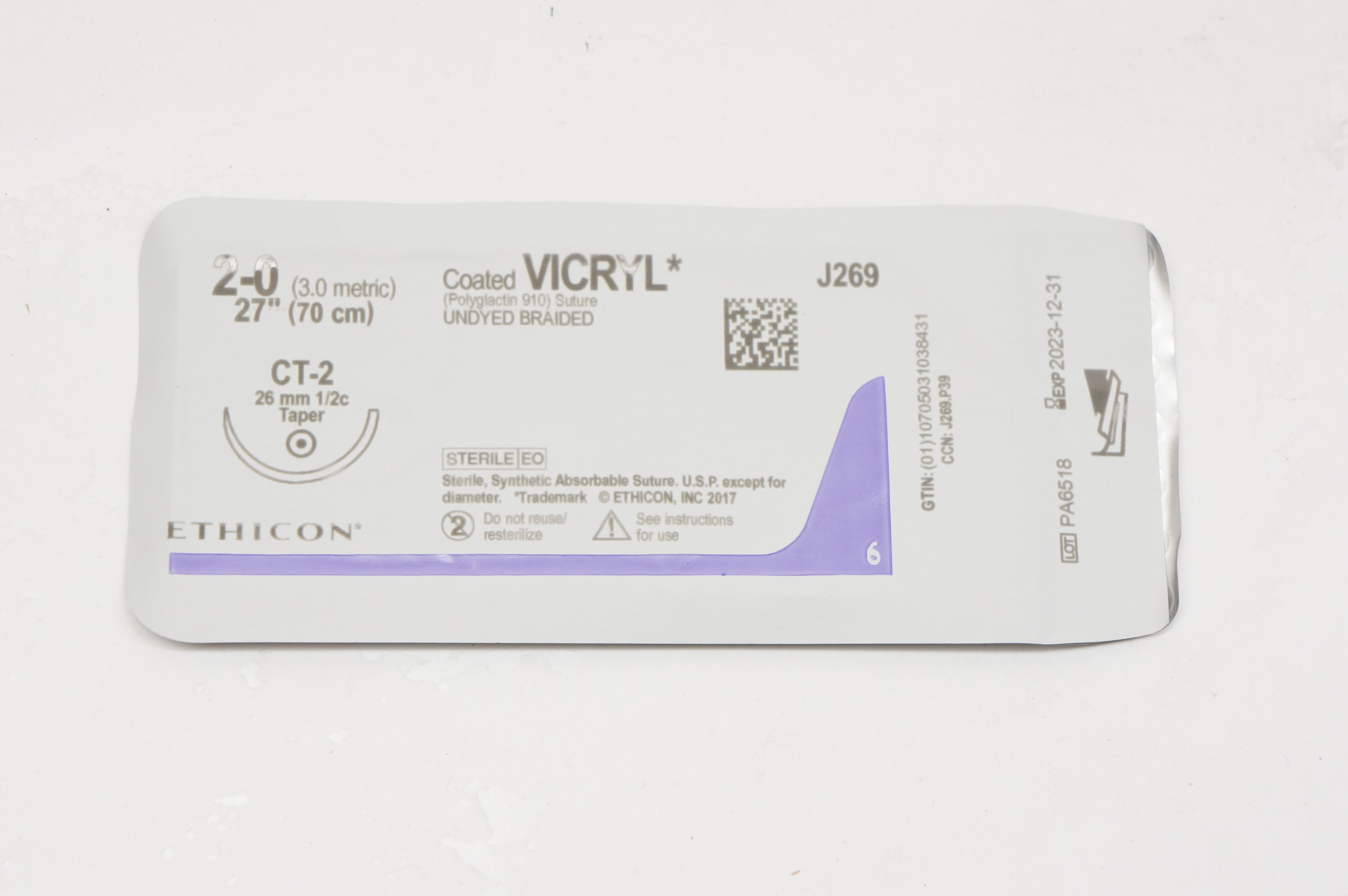 Ethicon J269 2-0 VICRYL, CT-2, 26mm 1/2c Taper, 27inch
