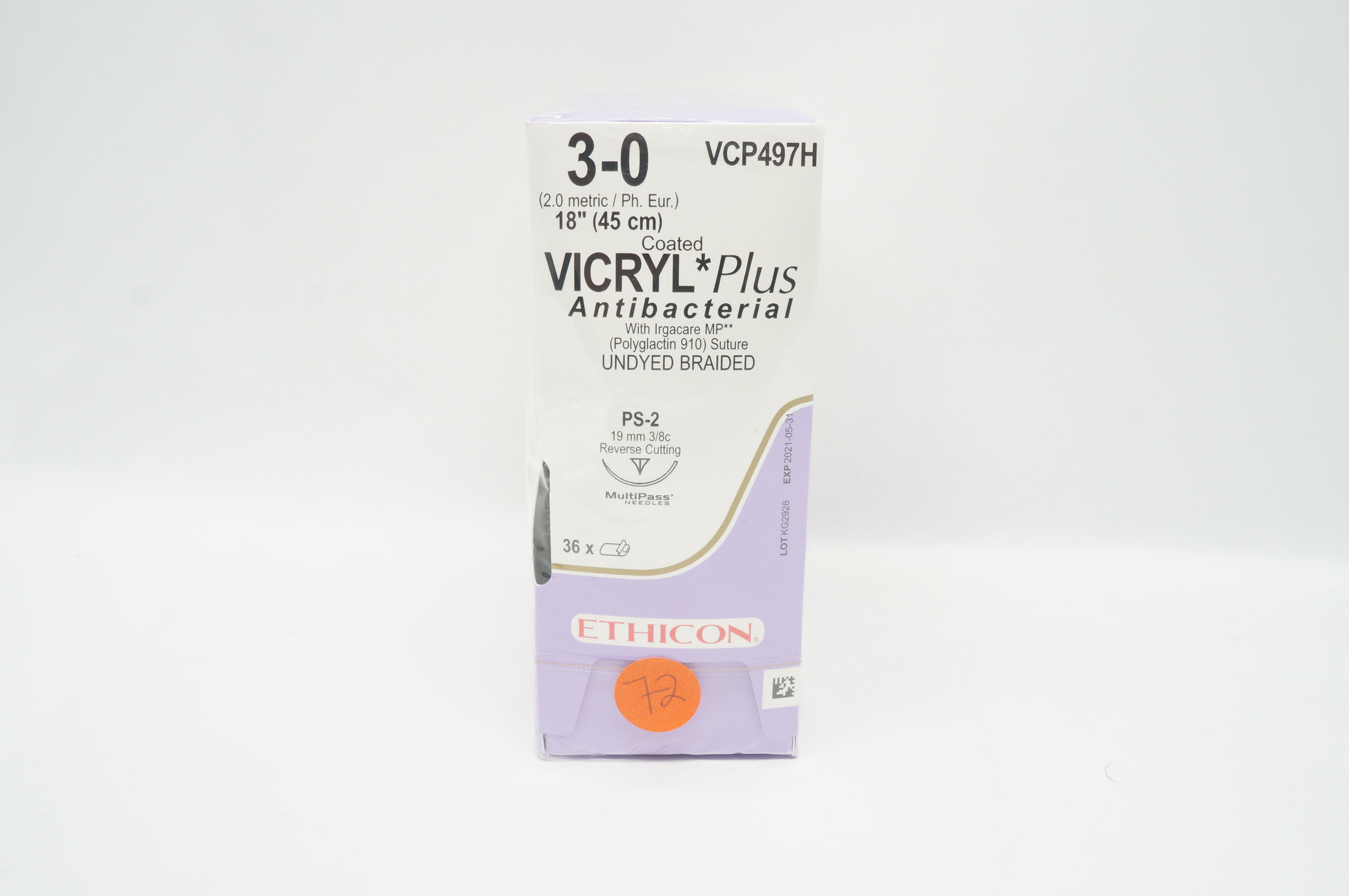 Ethicon VCP497H 3-0 VICRYL Plus PS-2 3/8c Reverse Cutting 18in. (x) - Box of 36