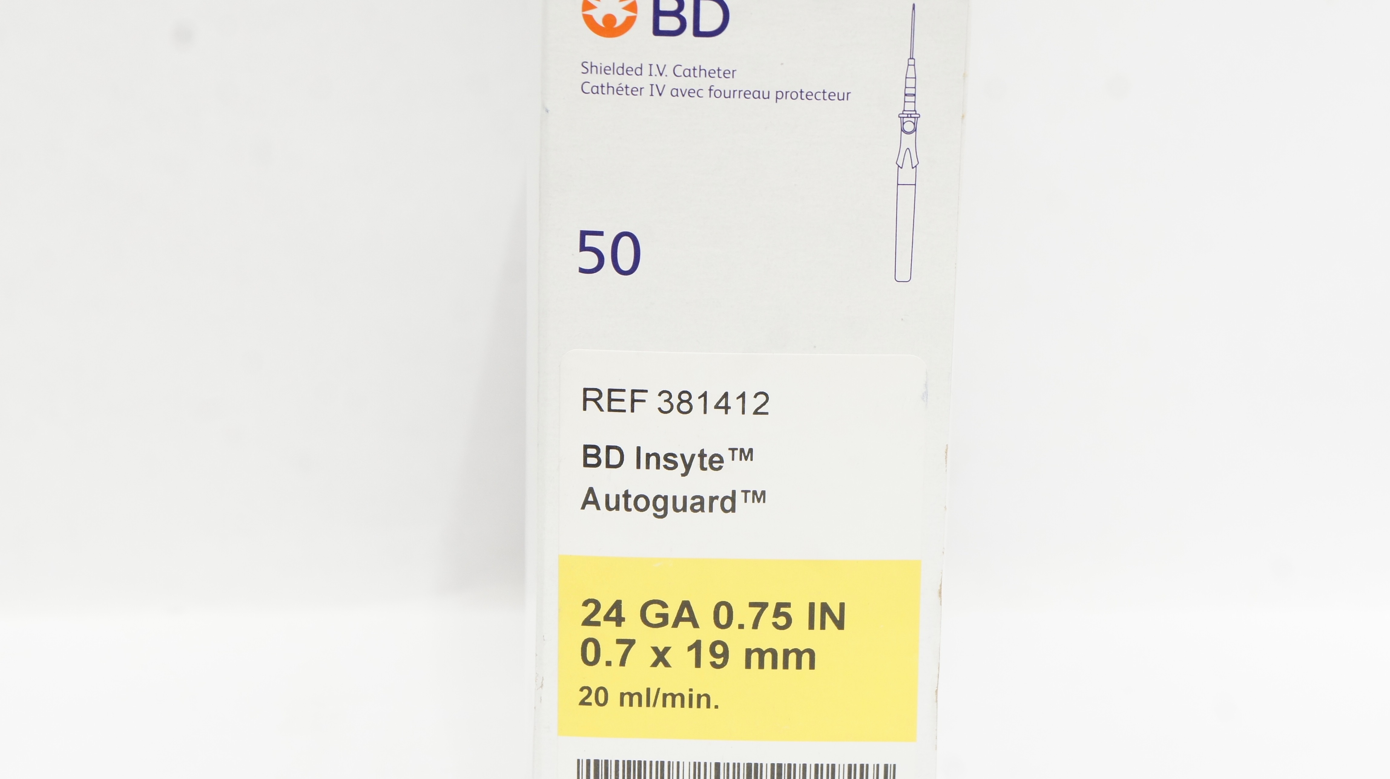 BD 381412 BD Insyte Autoguard Shielded IV Cath. 24Ga x 0.75inch (x) - Box of 50