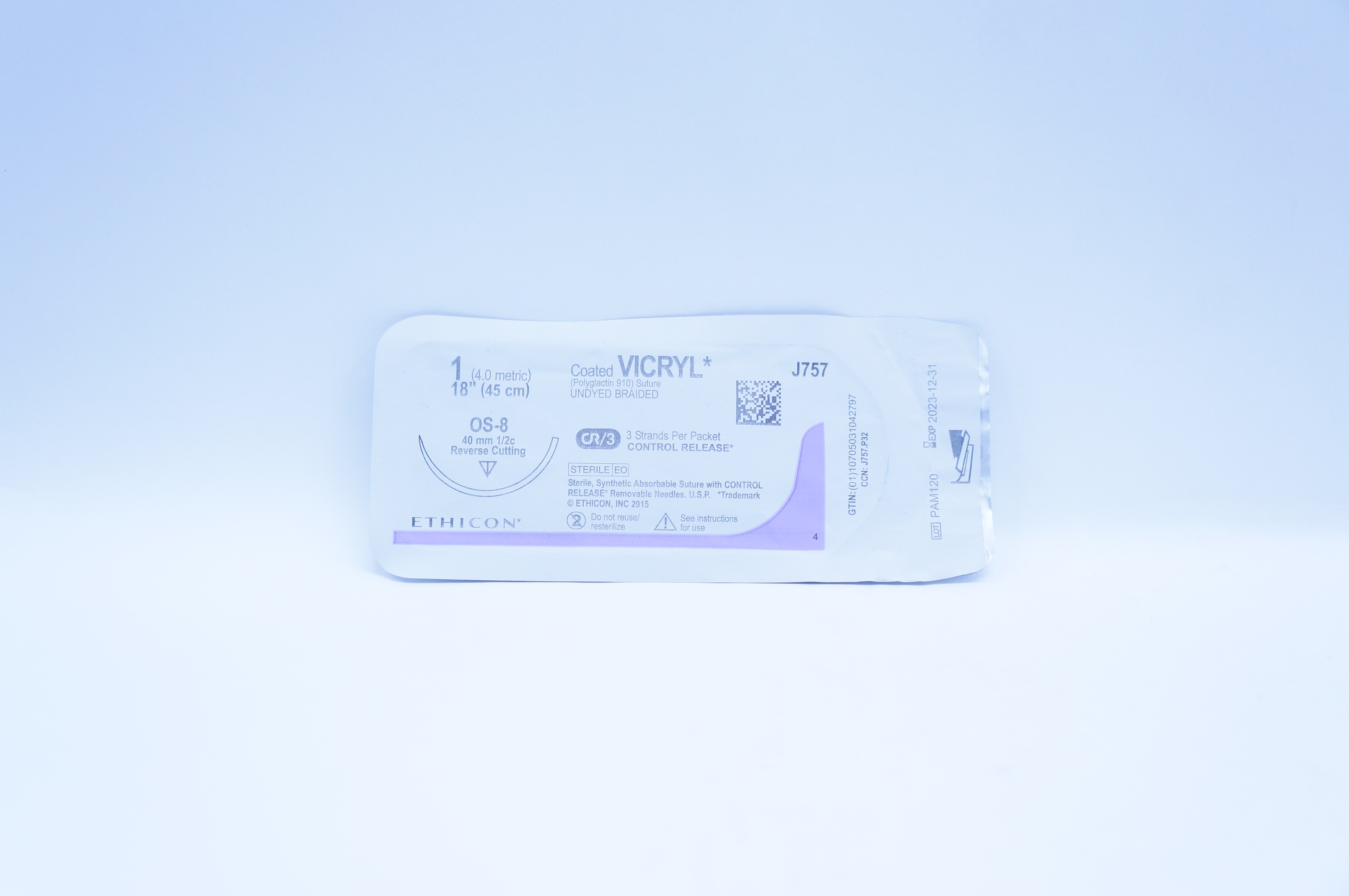 Ethicon J757 1 VICRYL, OS-8, 40mm 1/2c Reverse Cutting, 18inch