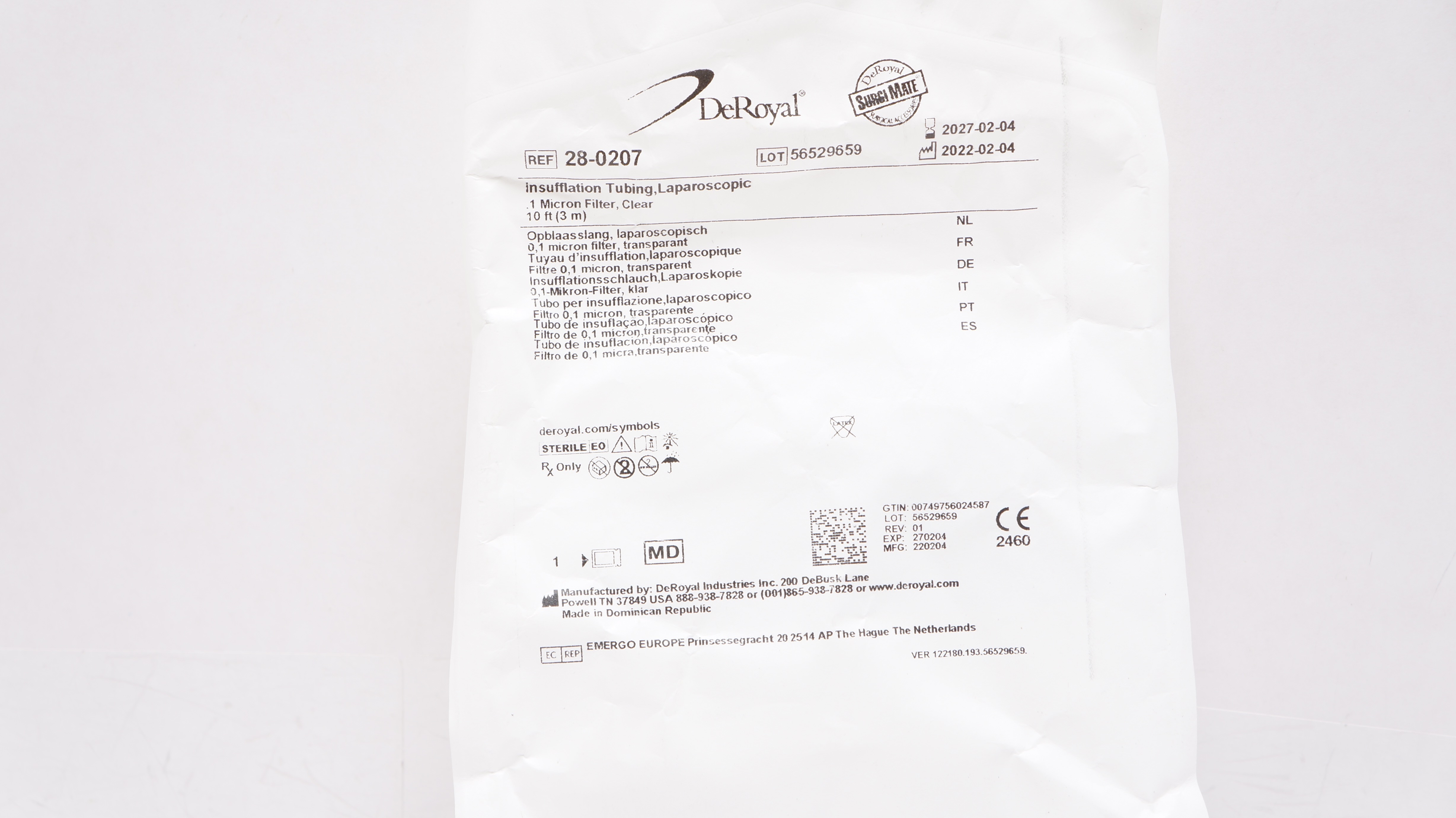 DeRoyal 28-0207 Insufflation Tubing Laparoscopic 1 Micron Filter Clear 10ft