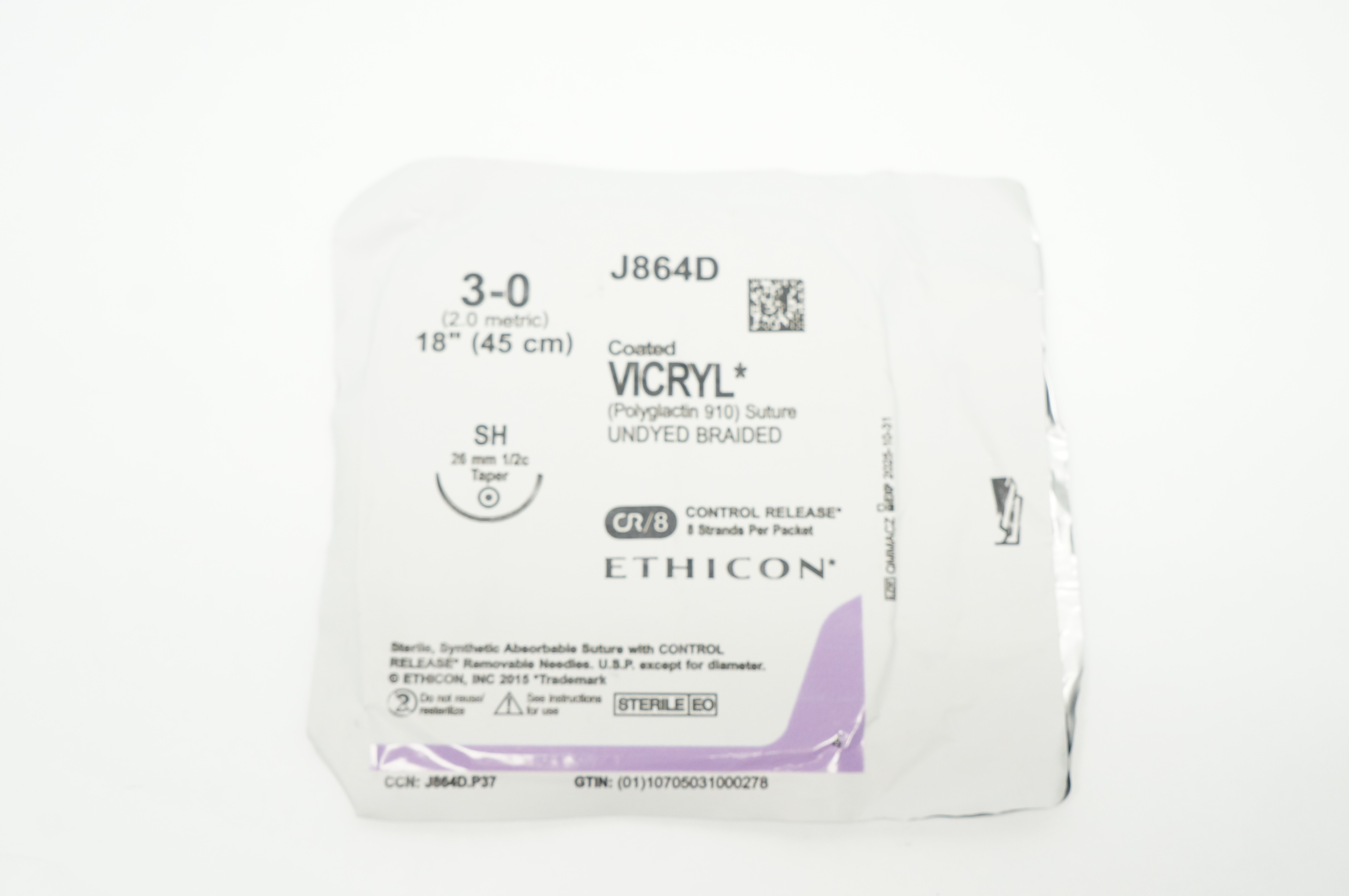 Ethicon J864D 3-0 Coated VICRYL SH 26mm 1/2c Taper 18inch