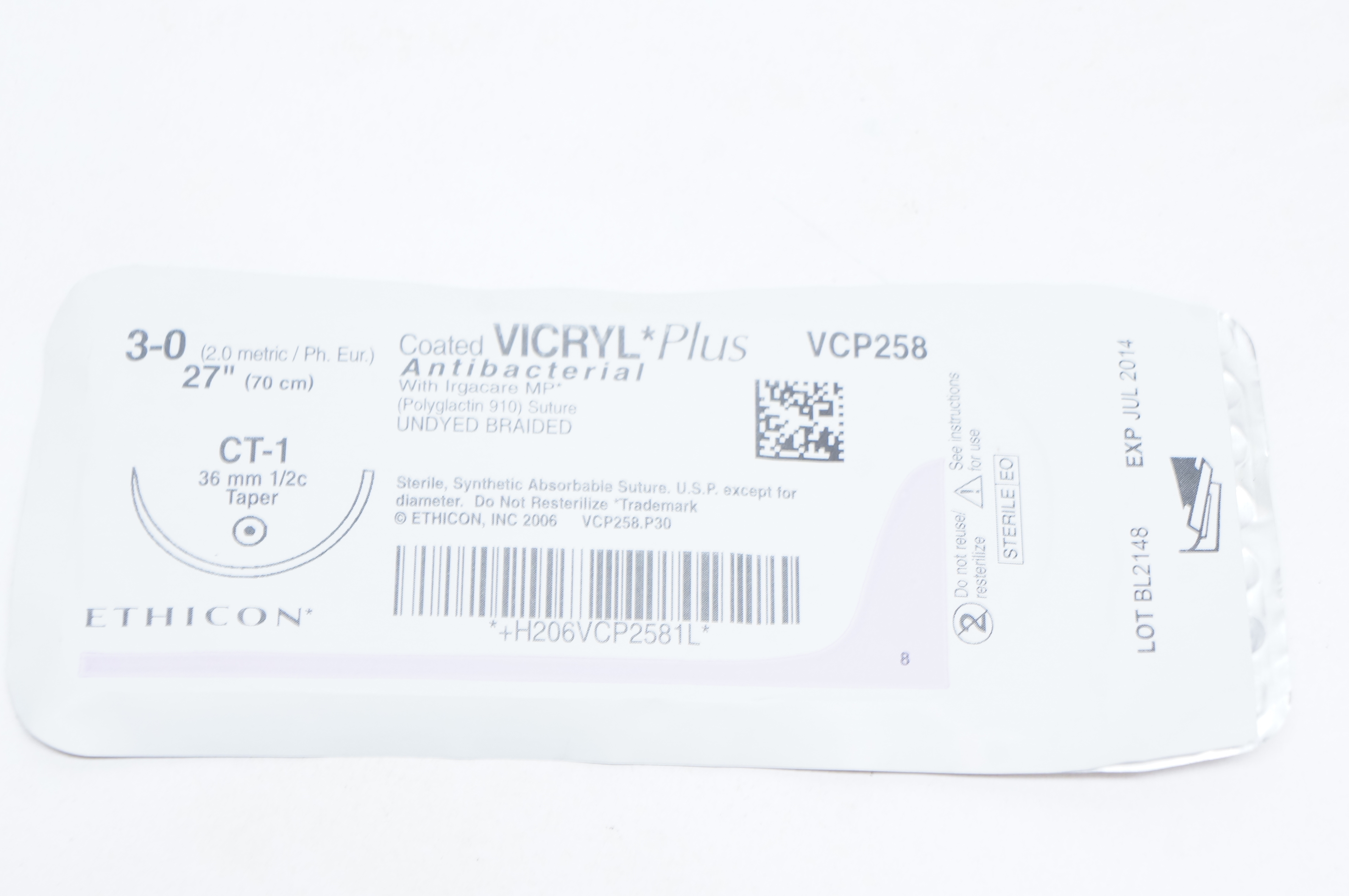 Ethicon VCP258 3-0 VICRYL Plus, CT-1, 36mm 1/2c Taper, 27inch (x)