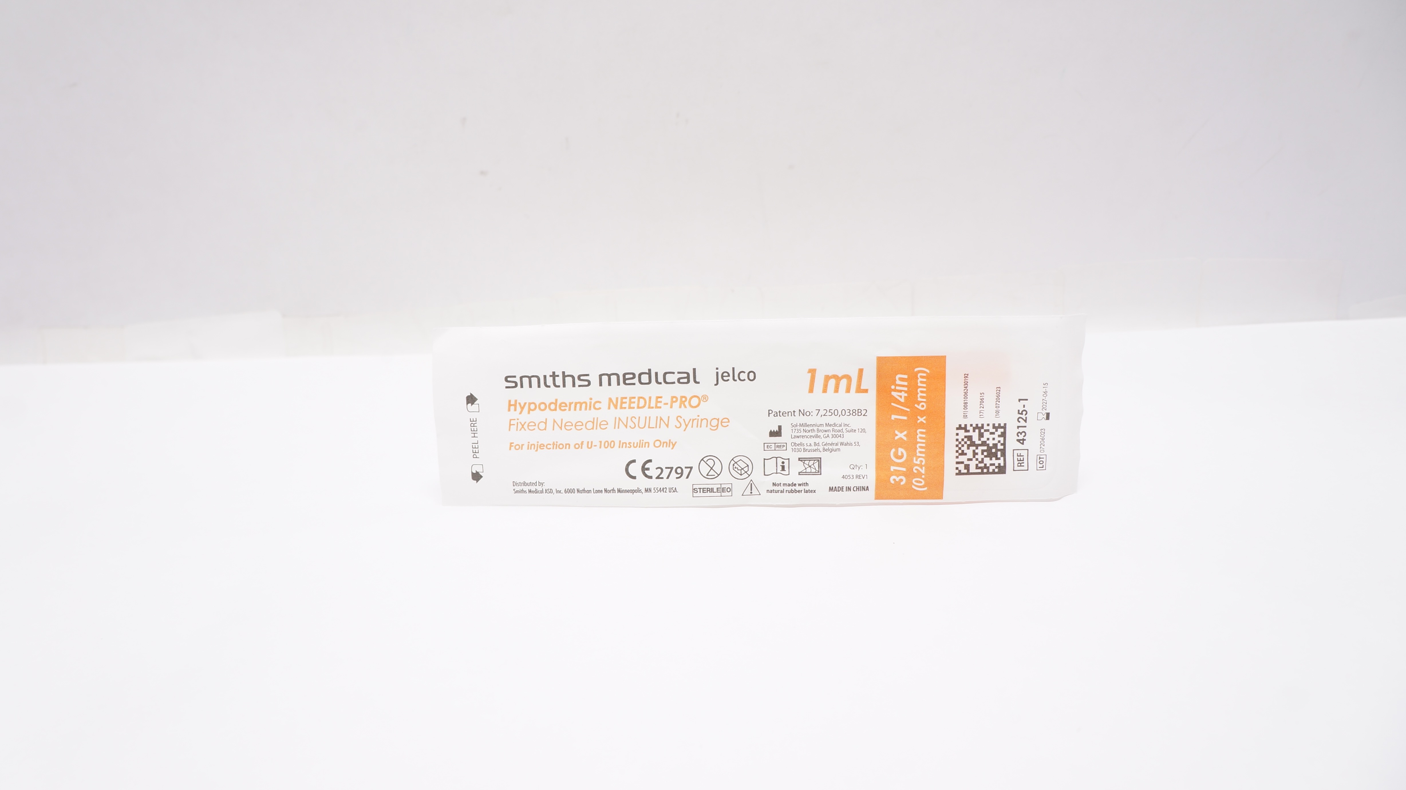 Smiths Medical 43125-1 Hypodermic Fixed Needle-Pro Insulin Syringe 1ml 31Gx1/4In