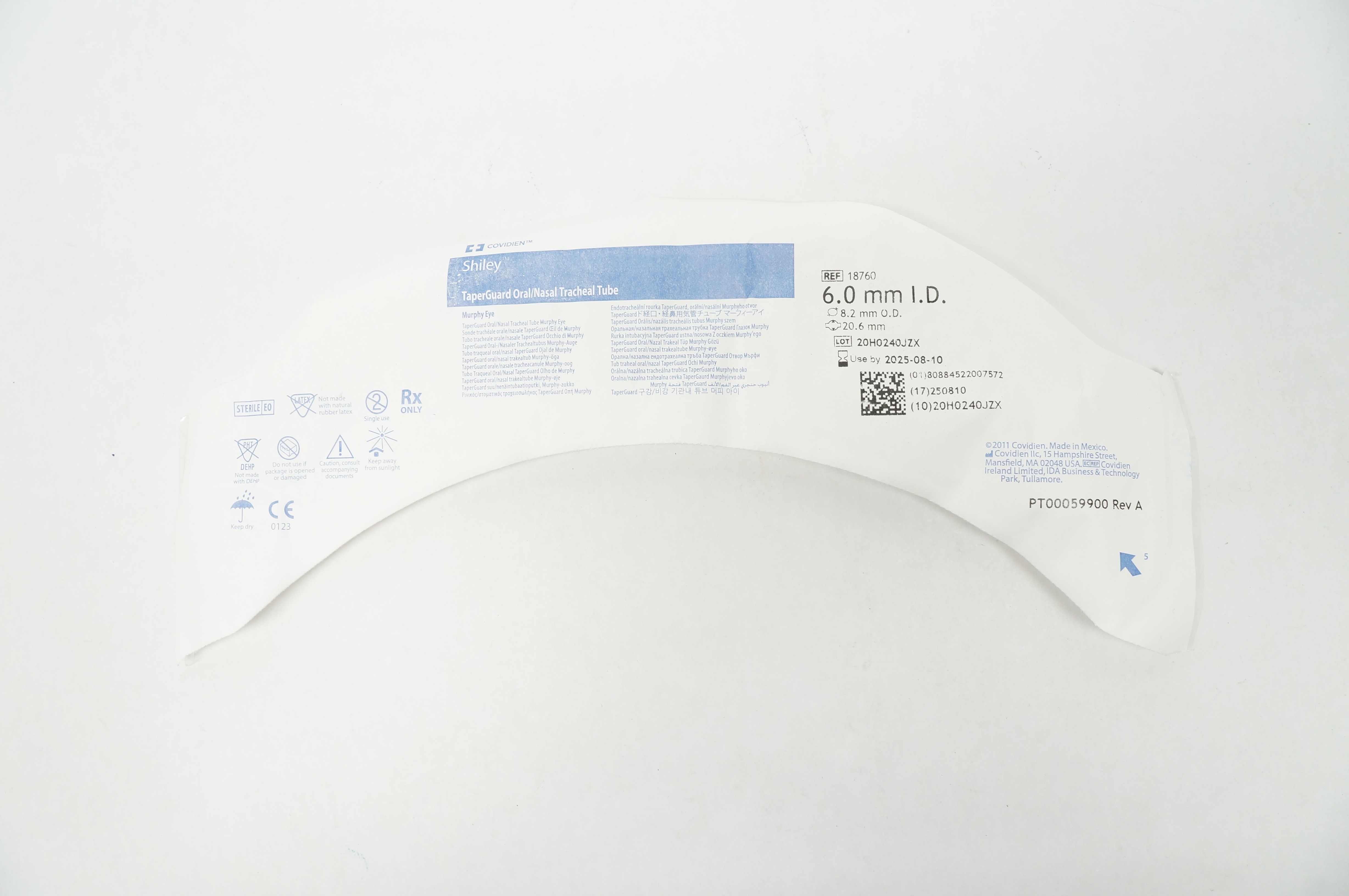Covidien 18760 Shiley taperGuard Oral/Nasal Tracheal Tube 6.0ID x 8.2OD x 20.6mm