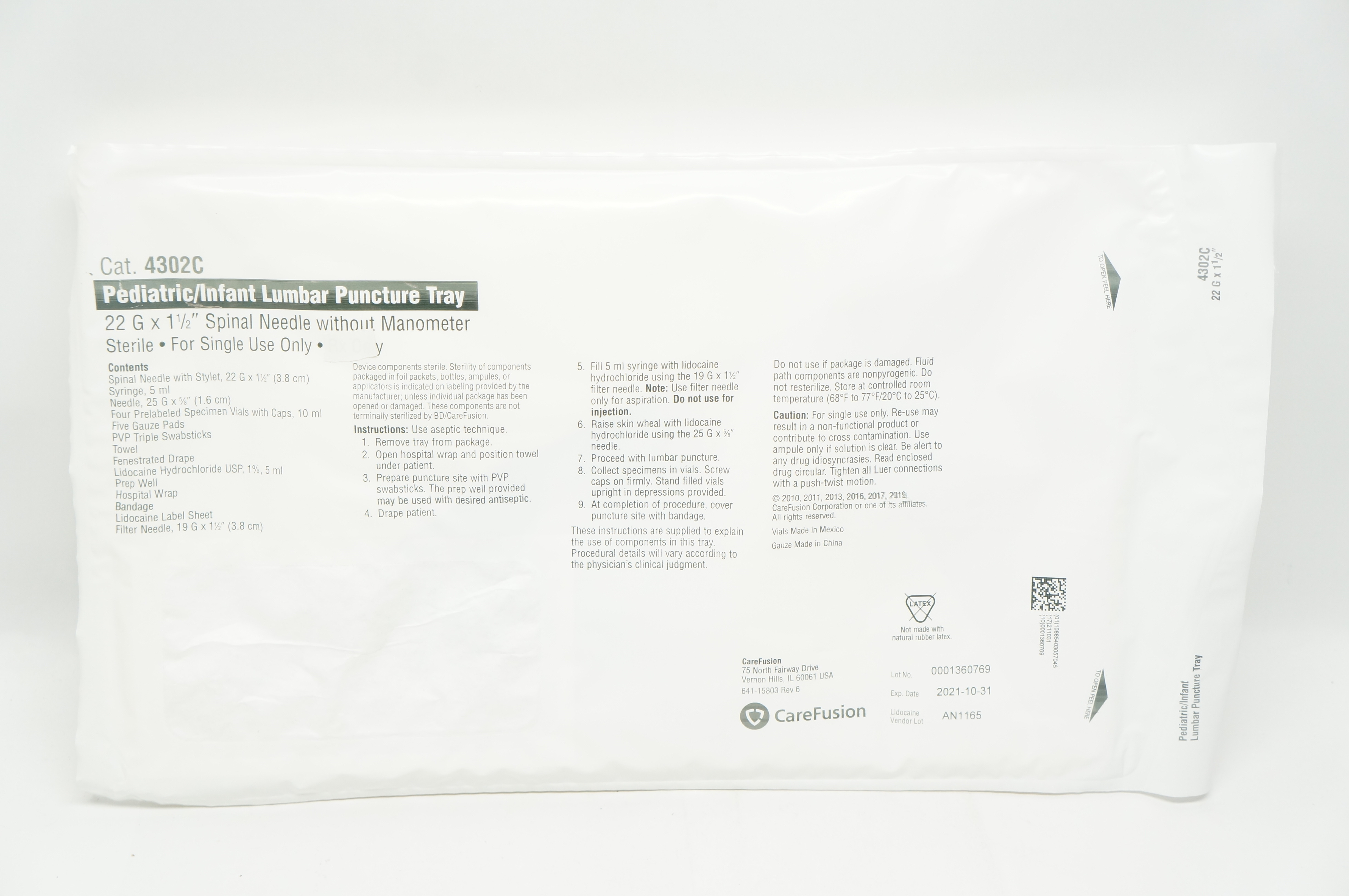 CareFusion 4302C Pediatric/Infant Lumbar Puncture Tray w/Ndle 22G x 1 1/2inch (x)