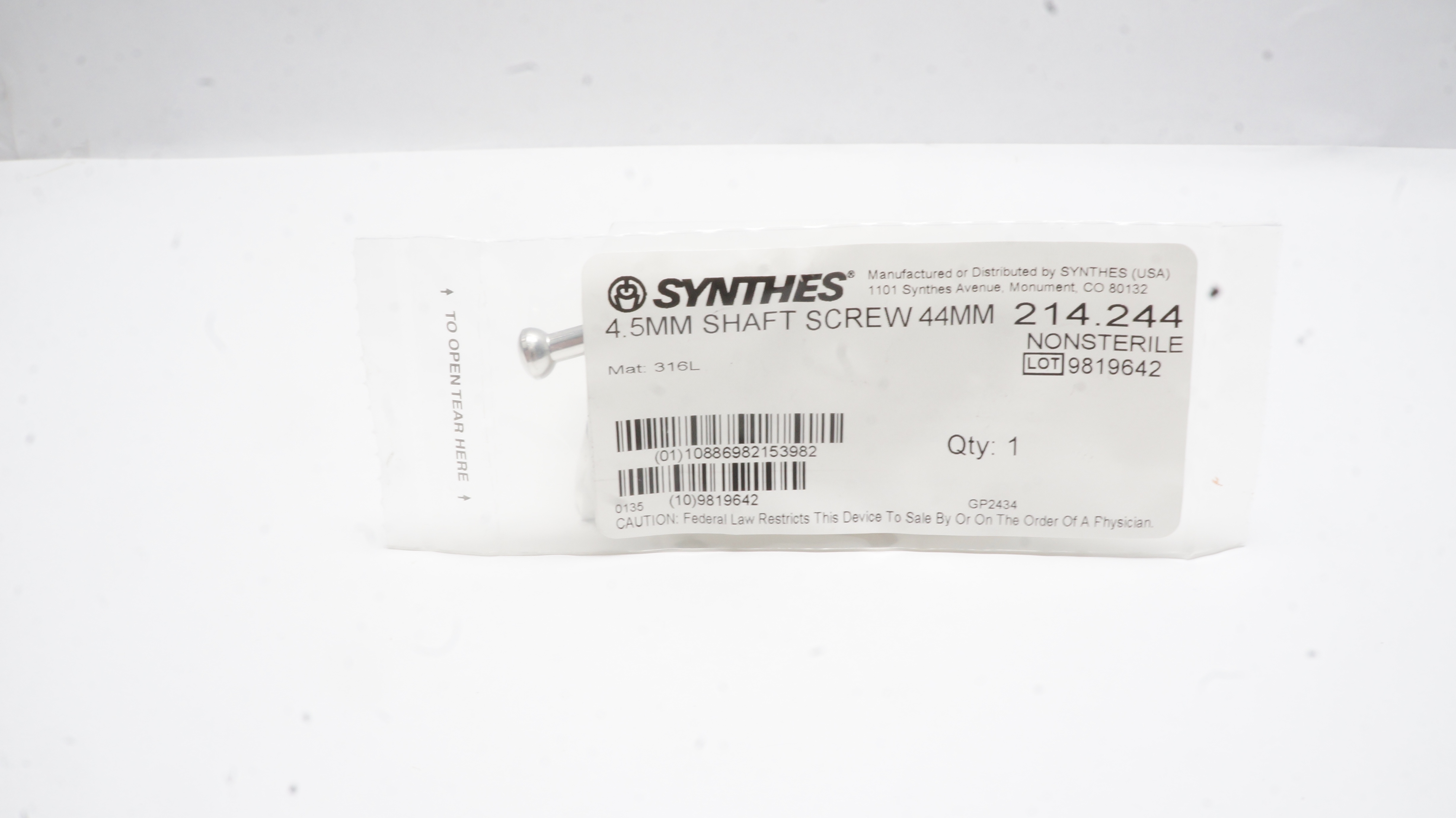Synthes 214.244 4.5mm Shaft Screw 44mm