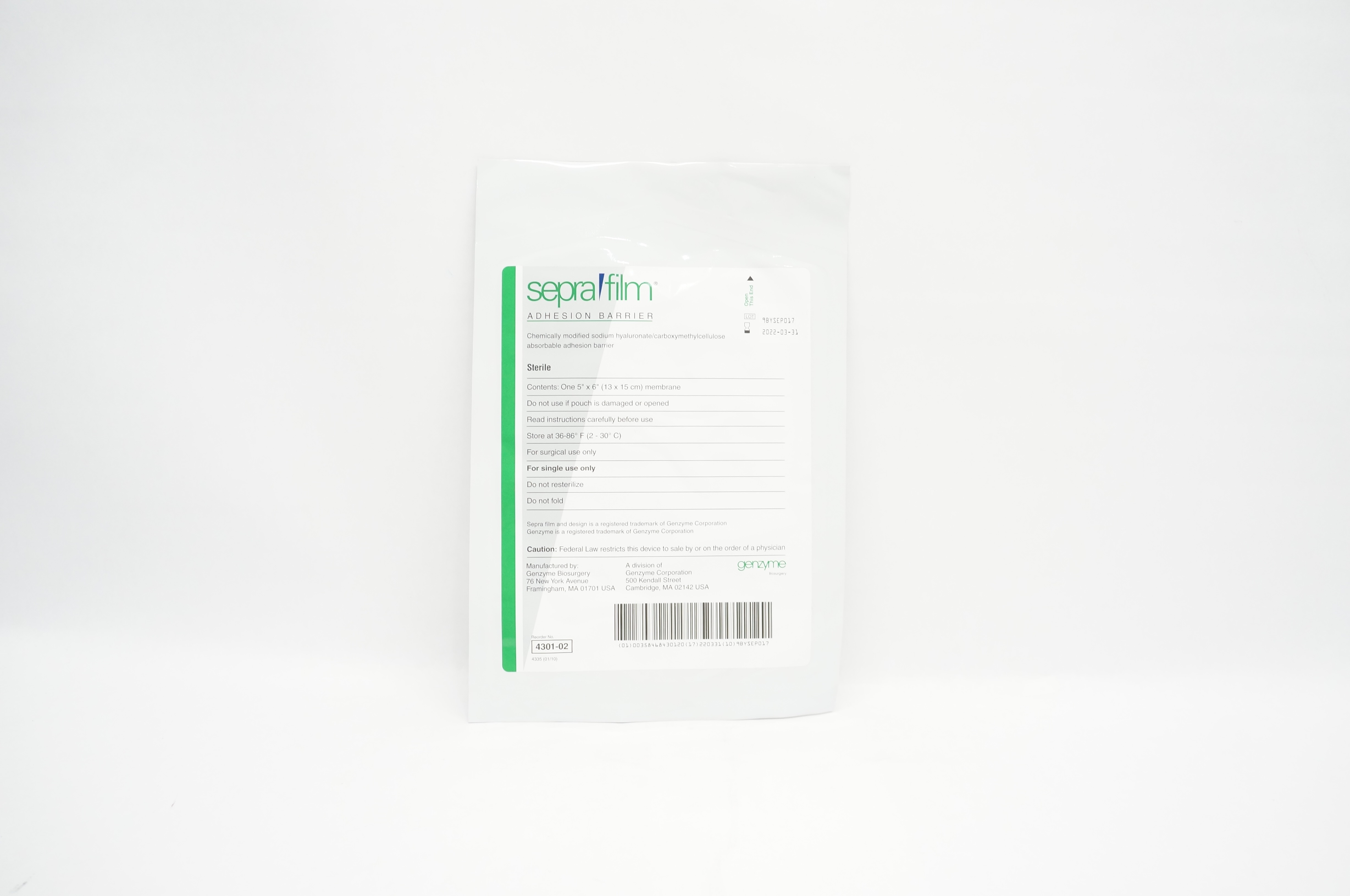 Genzyme 4301-02 Sepra Firm Adhesion Barrier 5inch x 6inch Membrane (x)