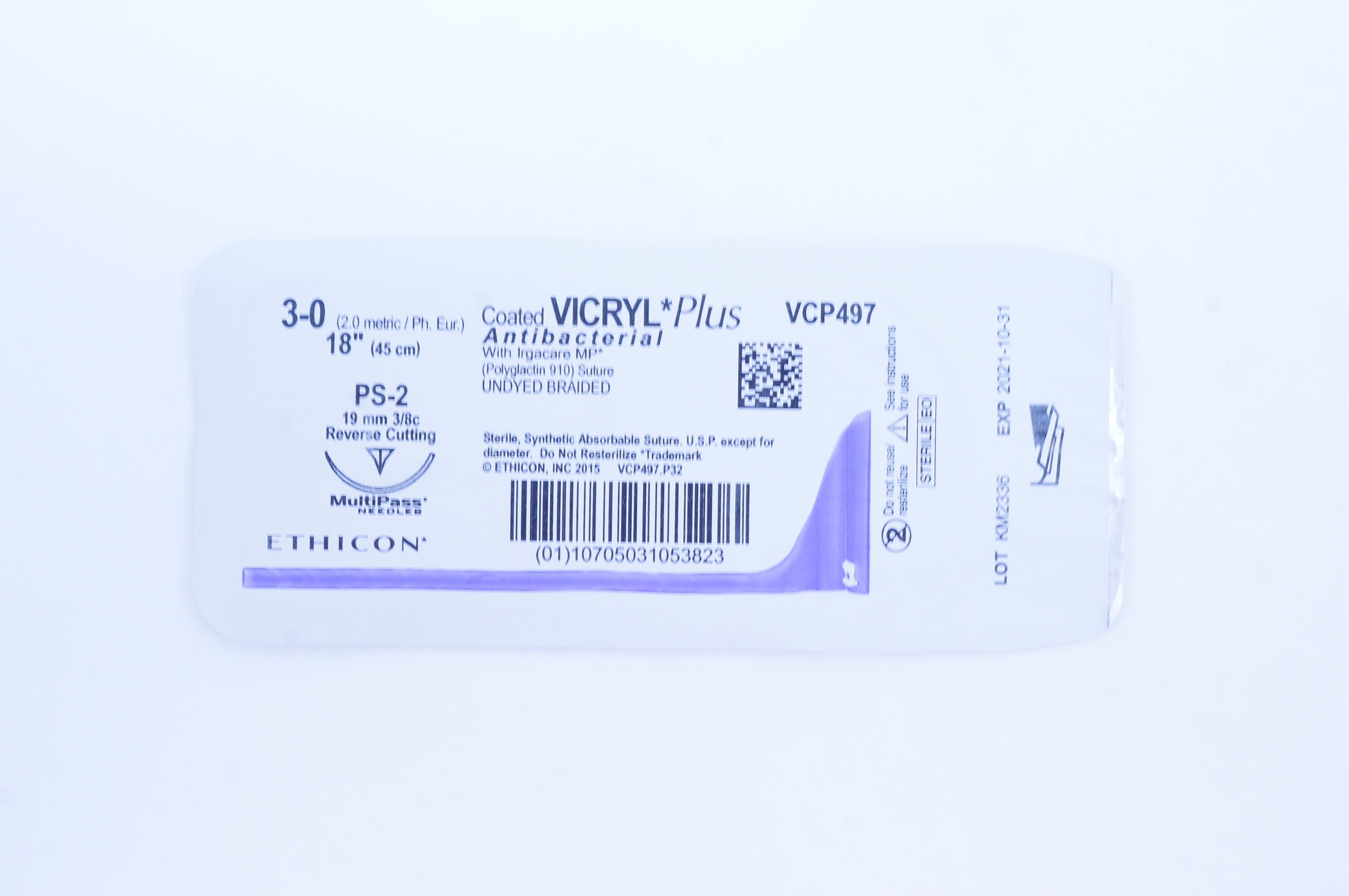 Ethicon VCP497 3-0 VICRYL PS-2 19mm 3/8c Reverse Cutting, 18inch