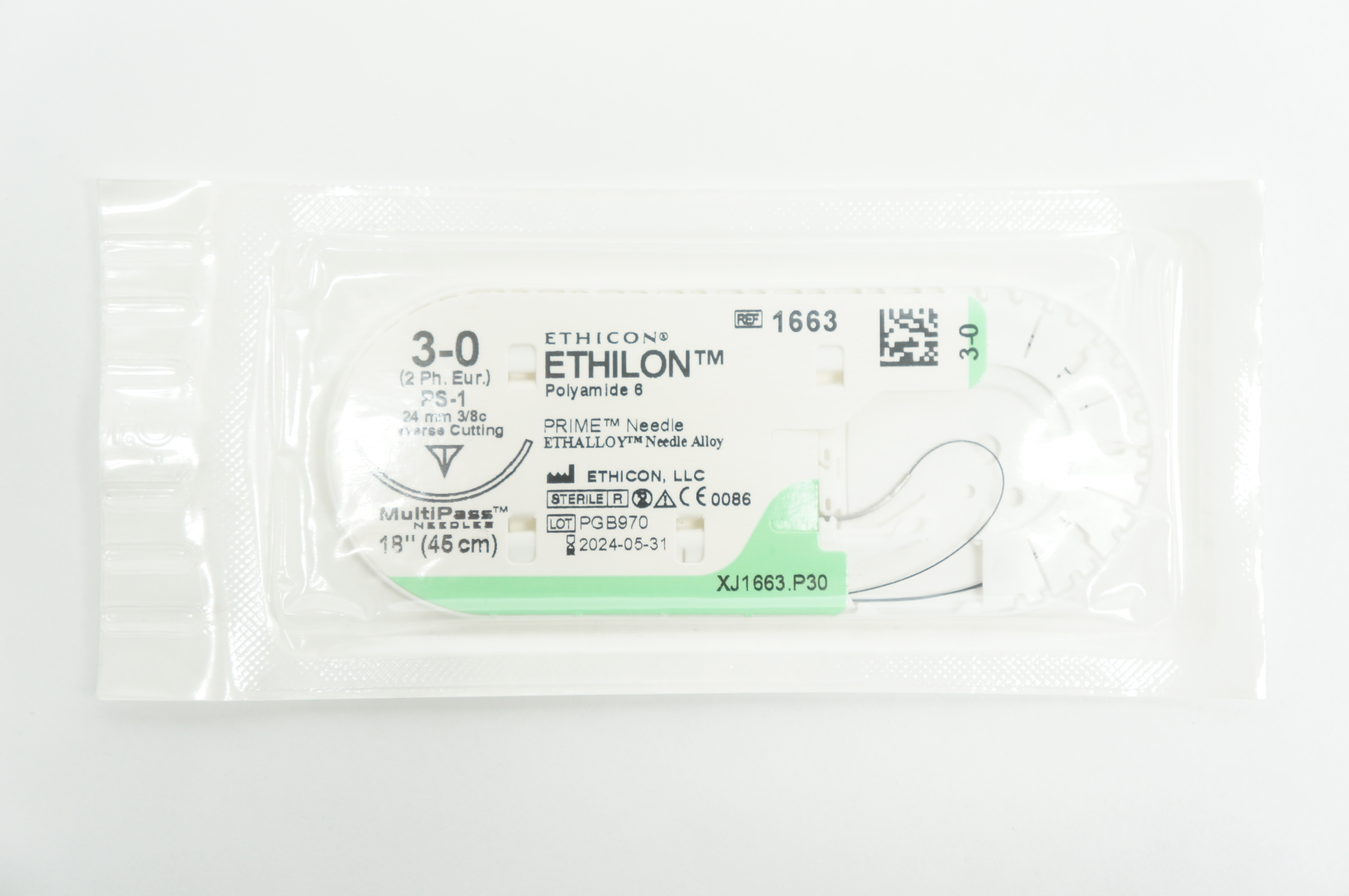 Ethicon 1663 3-0 ETHILON, PS-1, 24mm 3/8c Reverse Cutting, 18inch