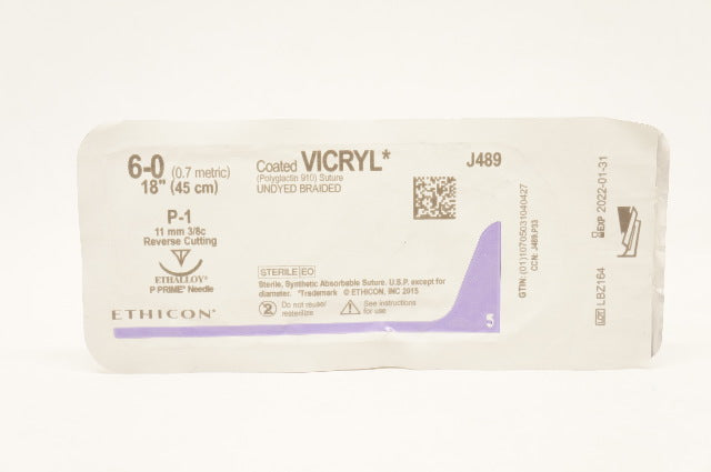 Ethicon J489 6-0 Coated Vicryl Stre P-1 11mm 3/8c Reverse Cutting, 18inch (x)
