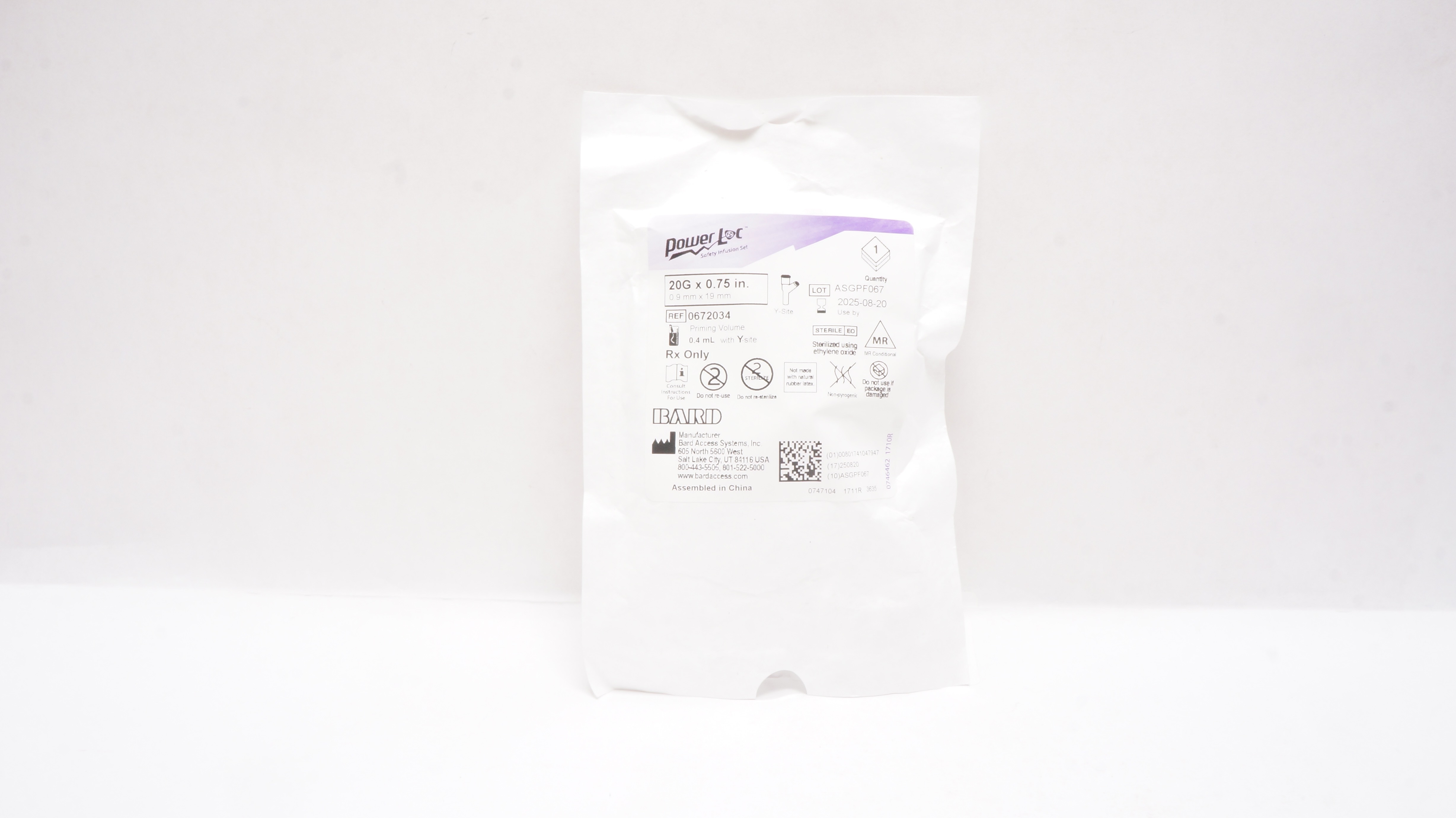 Bard 0672034 Power Loc Safety Infusion Set 20G x 0.75inch Prim. Vol. 0.4 mL