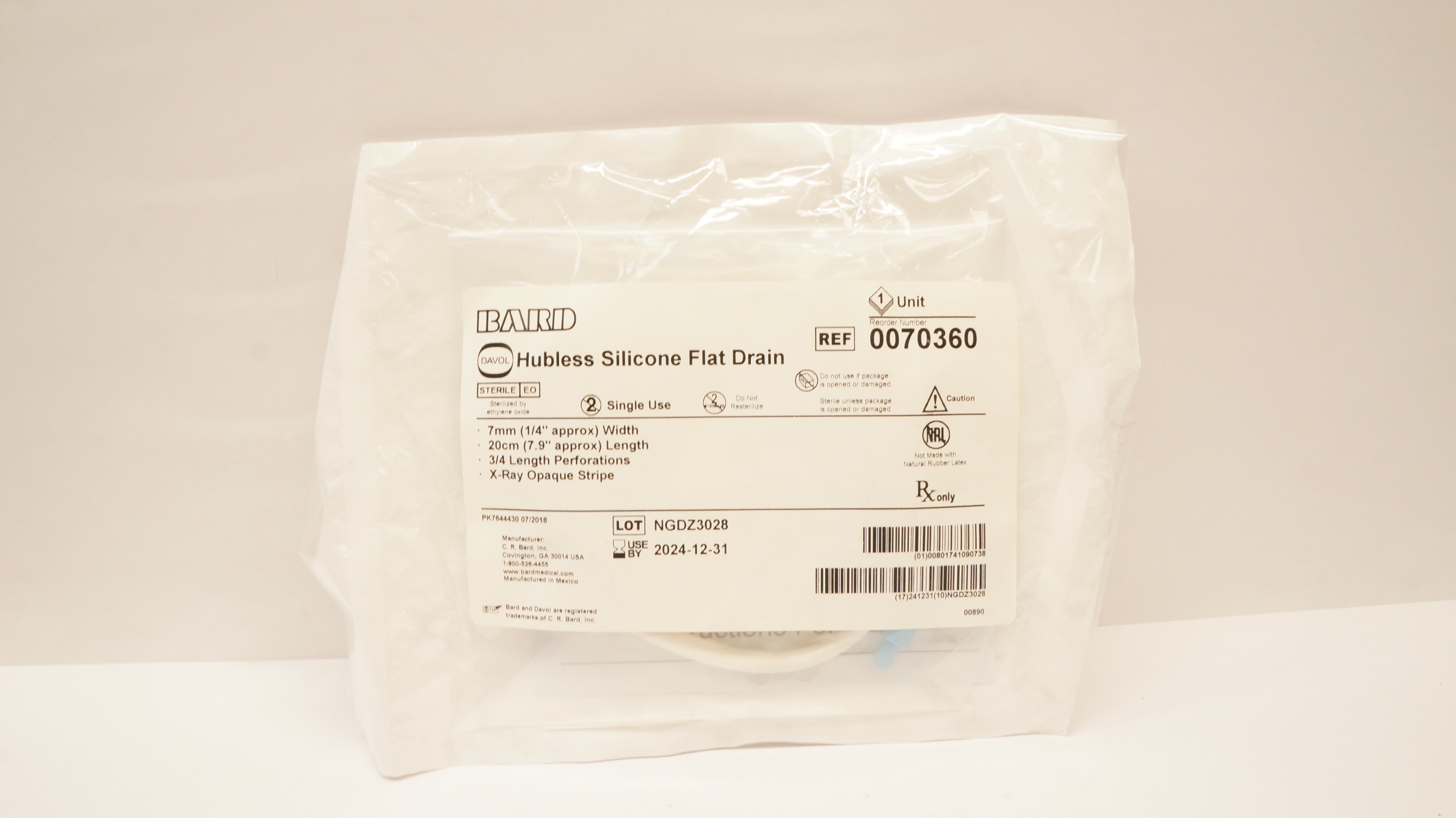 Bard 0070360 Hubless Silicone Flat Drain 7mm x 20cm