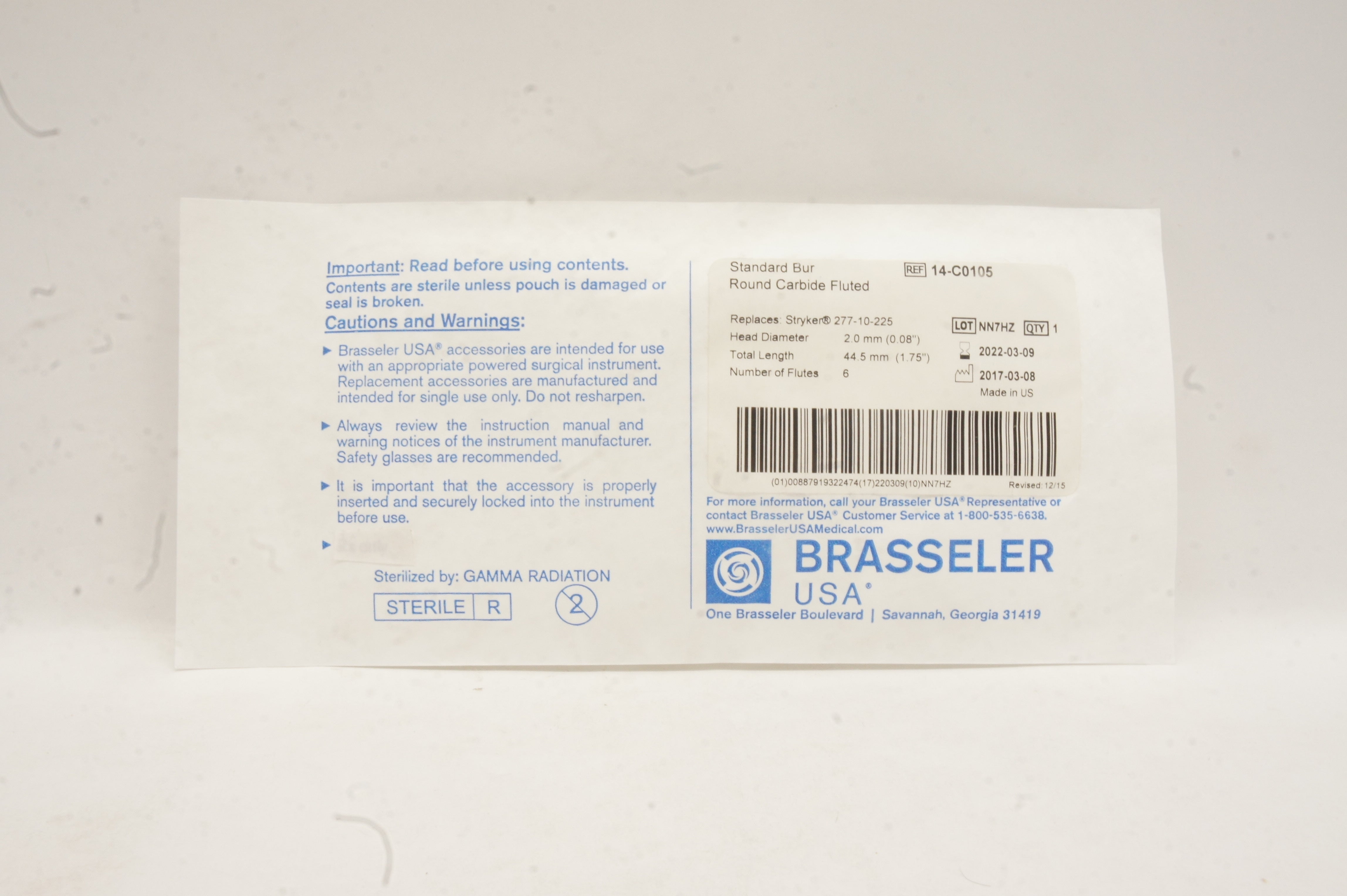 Brasseler 14-C0105 Standard Bur Round Carbide Fluted