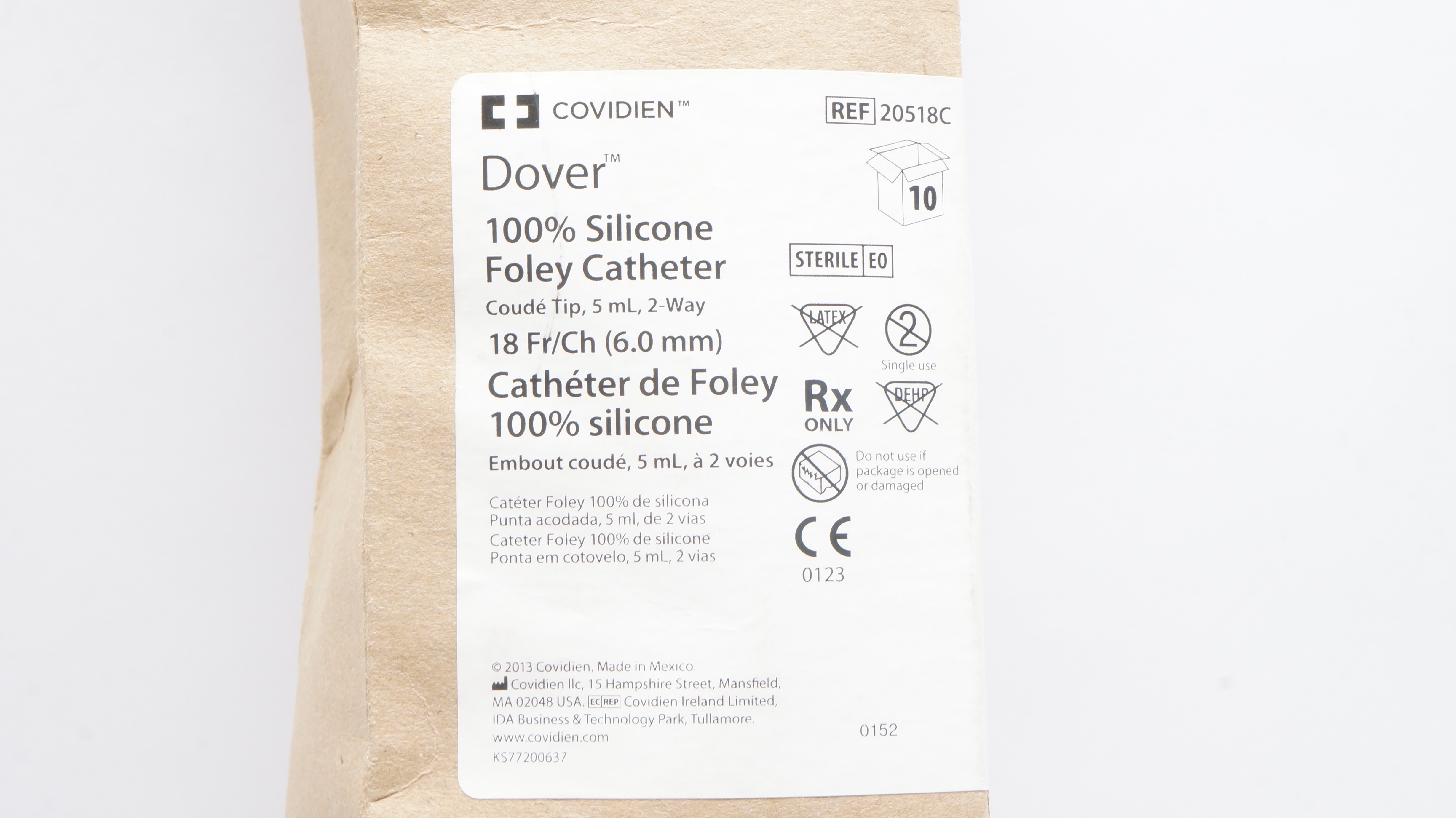 Covidien 20518C Dover Foley Cath. 2-Way, Coude Tip, 18Fr/Ch x 5mL - Box of 10