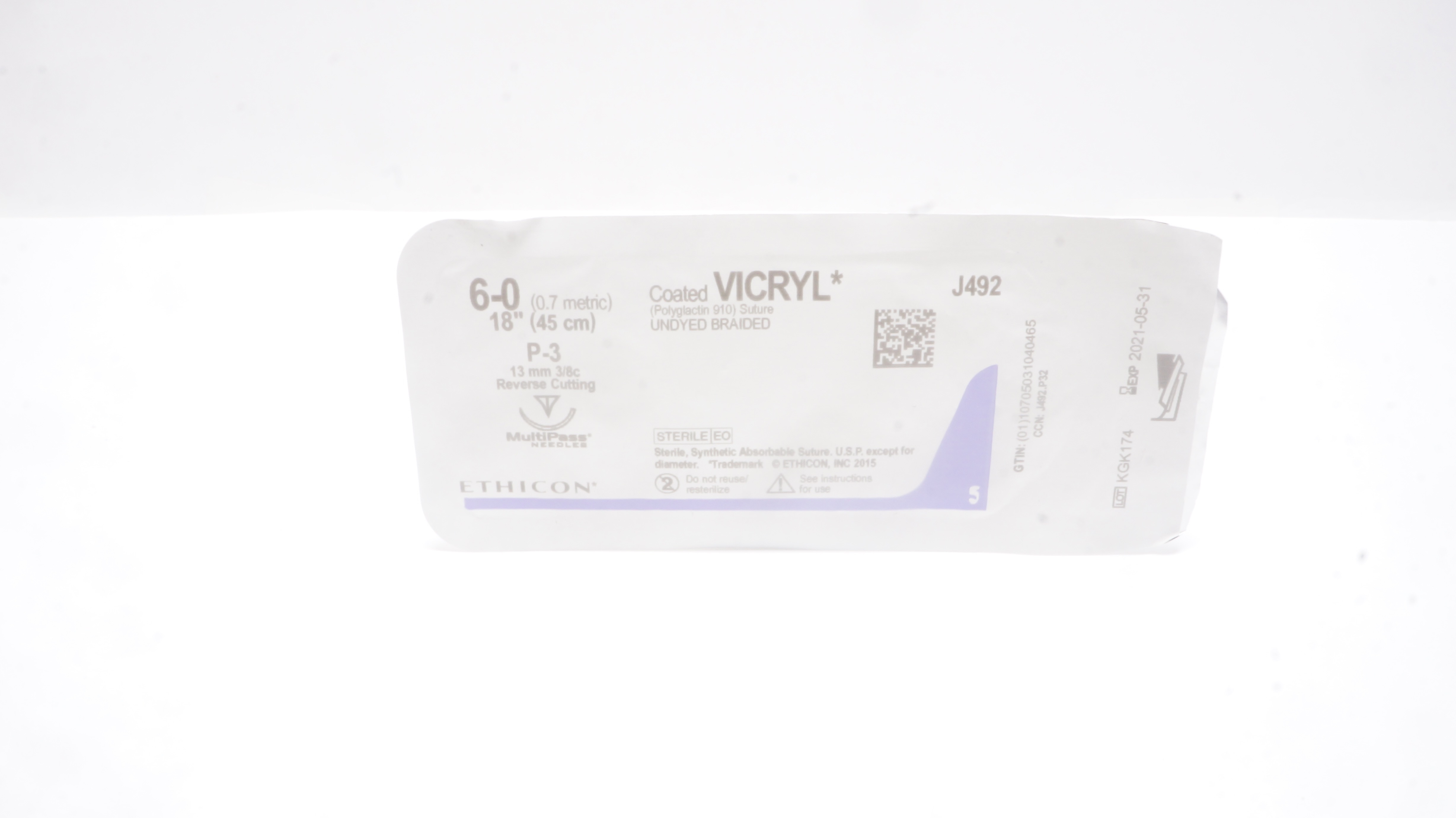 Ethicon J492 6-0 Coated VICRYL Stre P-3 13mm 3/8c Reverse Cutting, 18inch (x)