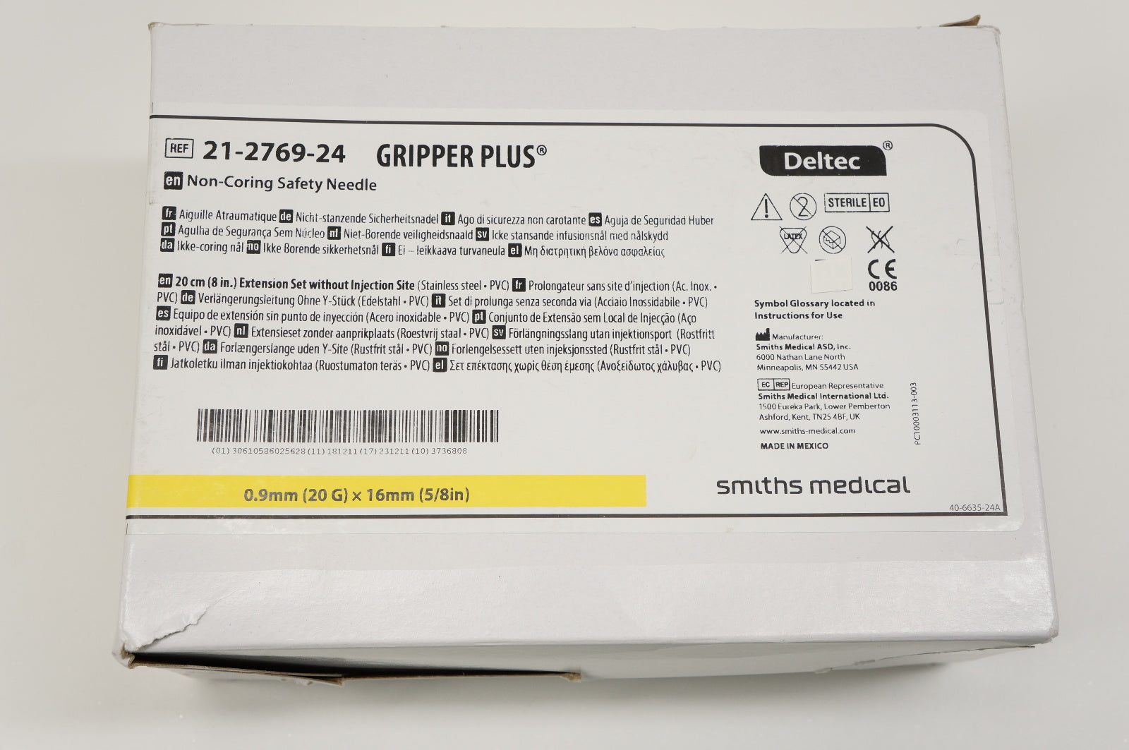 Smiths Medical 21-2769-24 Gripper Plus Non-Coring Safety Ndle 20G x 5/8inch - Box of 12