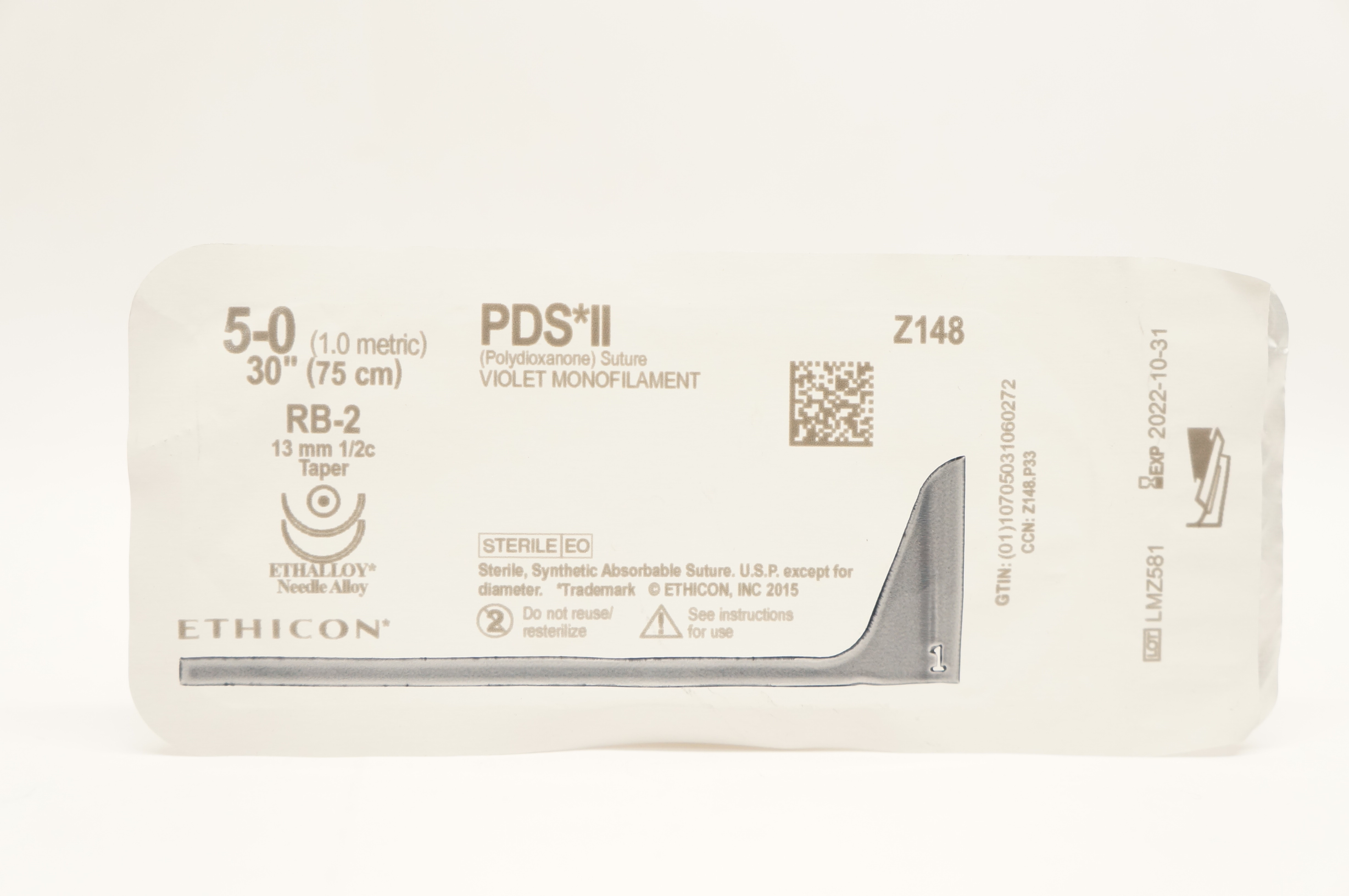 Ethicon Z148 5-0 PDS II (Polydioxanone) Stre RB-2 13mm 1/2c Taper 30 inch