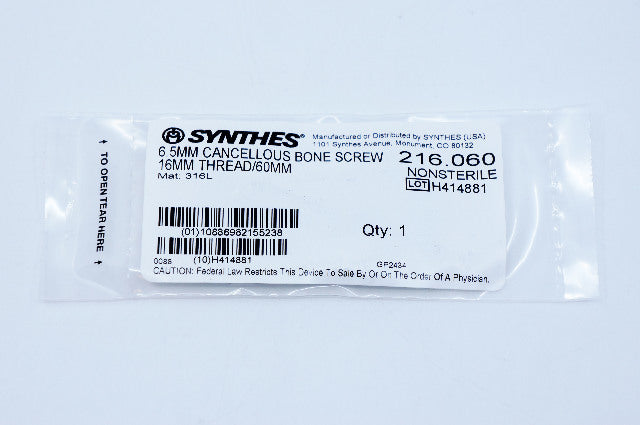 Synthes 216.060 6.5mm Cancellous Bone Screw 16mm Thread/60mm
