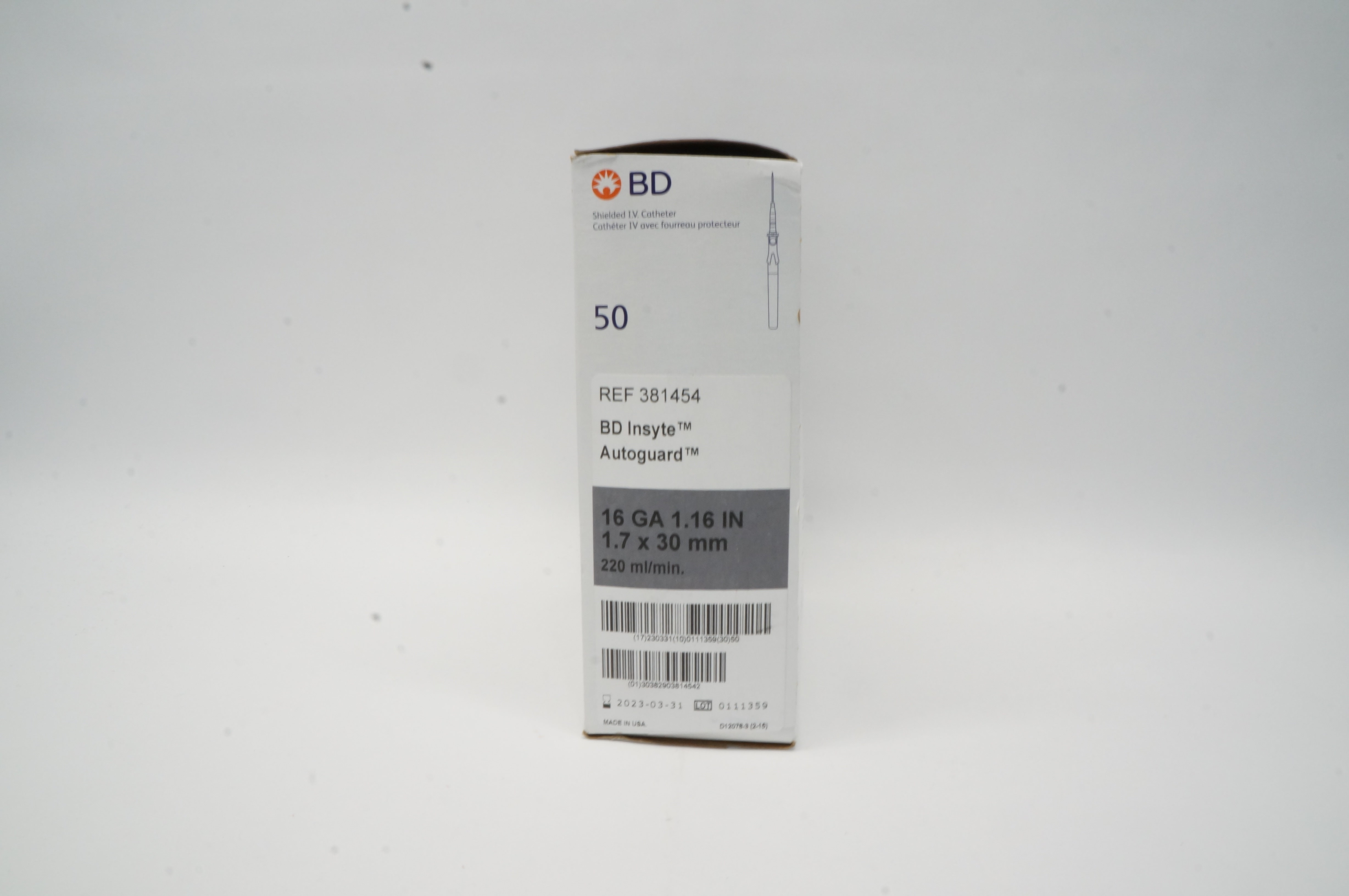 BD 381454 BD Insyte Autoguard Shielded IV Cath. 16Ga x 1.16inch (x) - Box of 50
