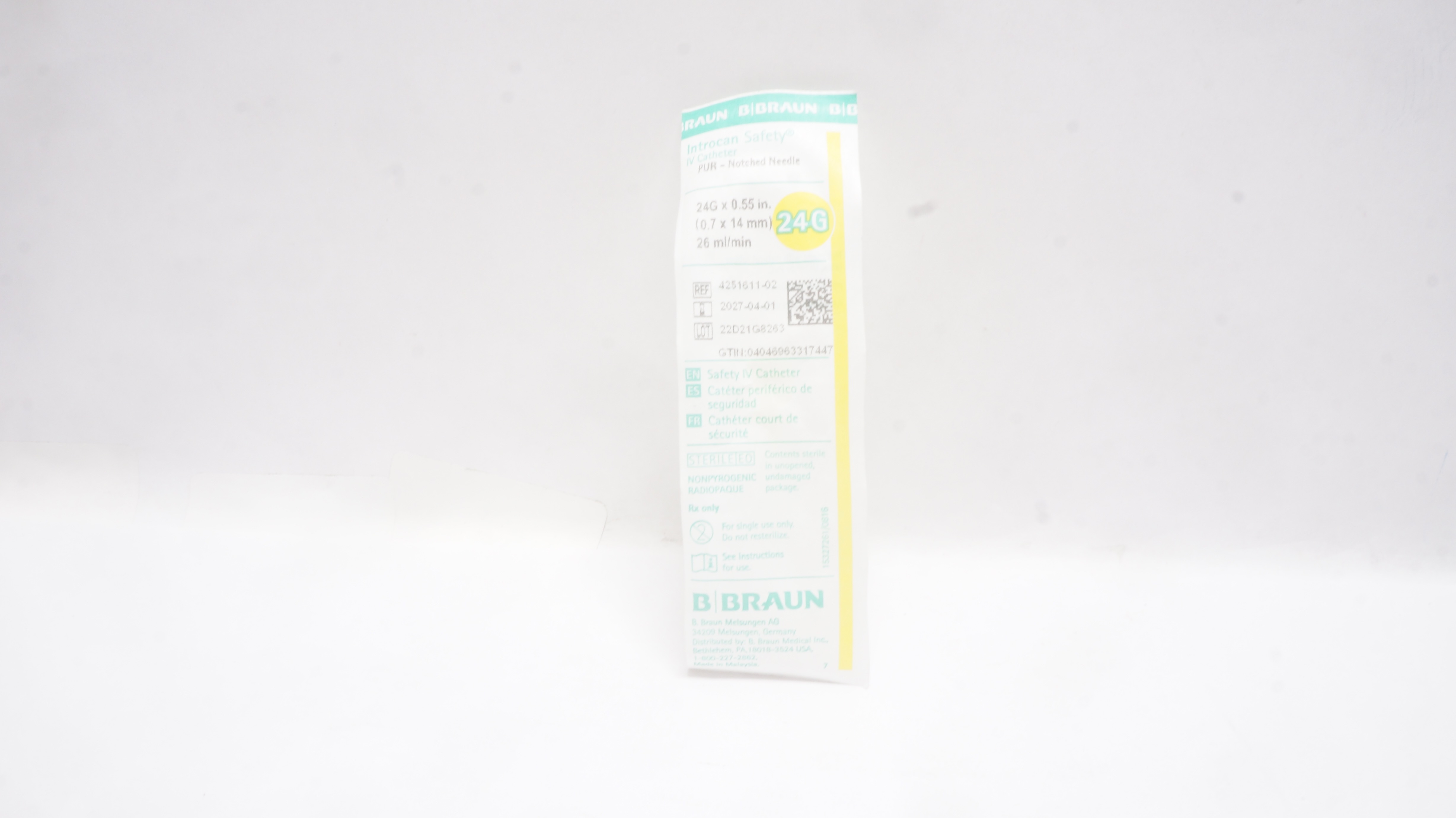 Braun 4251611-02 Introcan Safety IV Cath. Notched Ndle 24G x 0.55inch 26mL/min