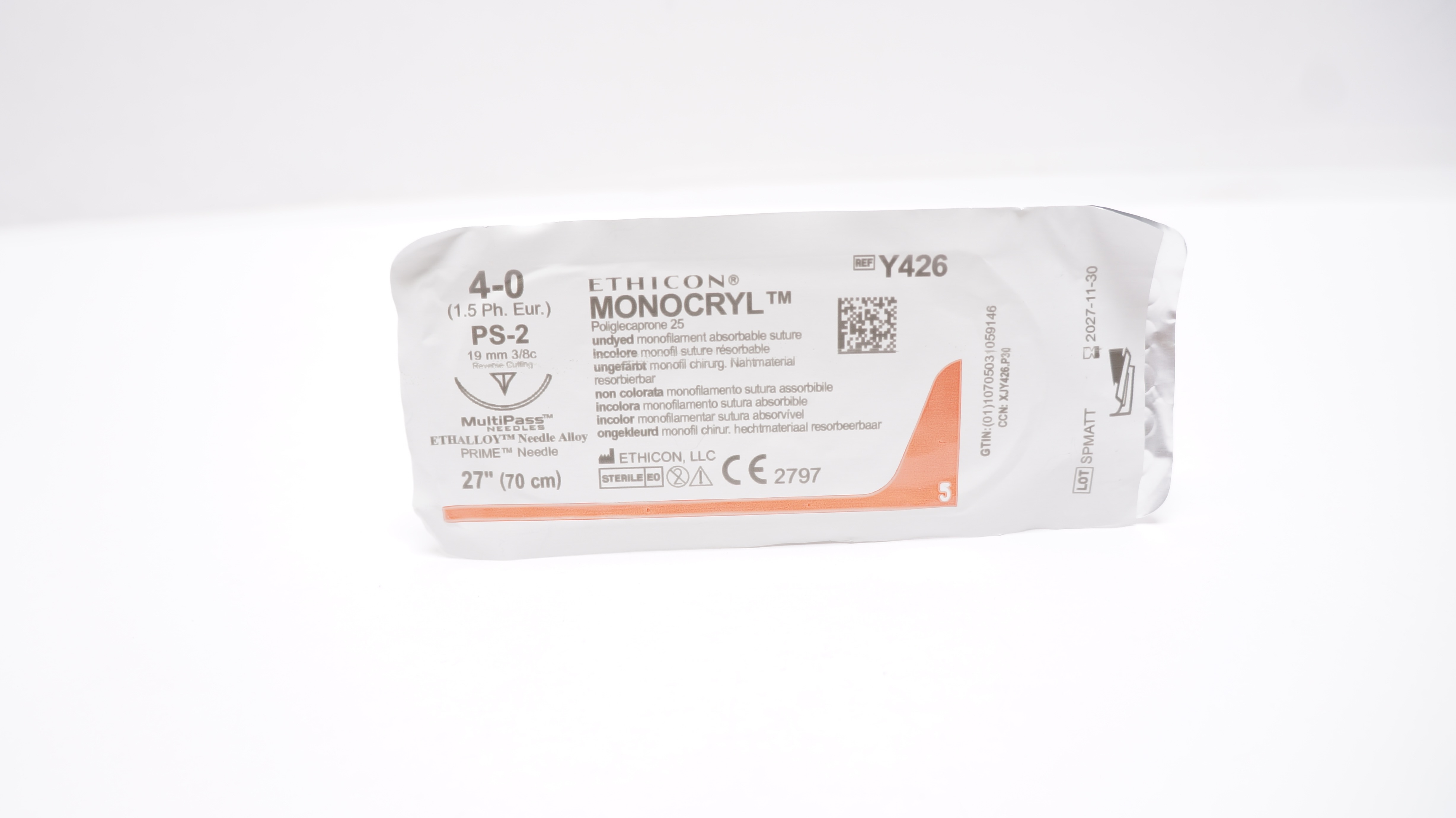 Ethicon Y426 4-0 Monocryl Monofilament PS-2 19mm 3/8c Reverse Cutting, 27inch