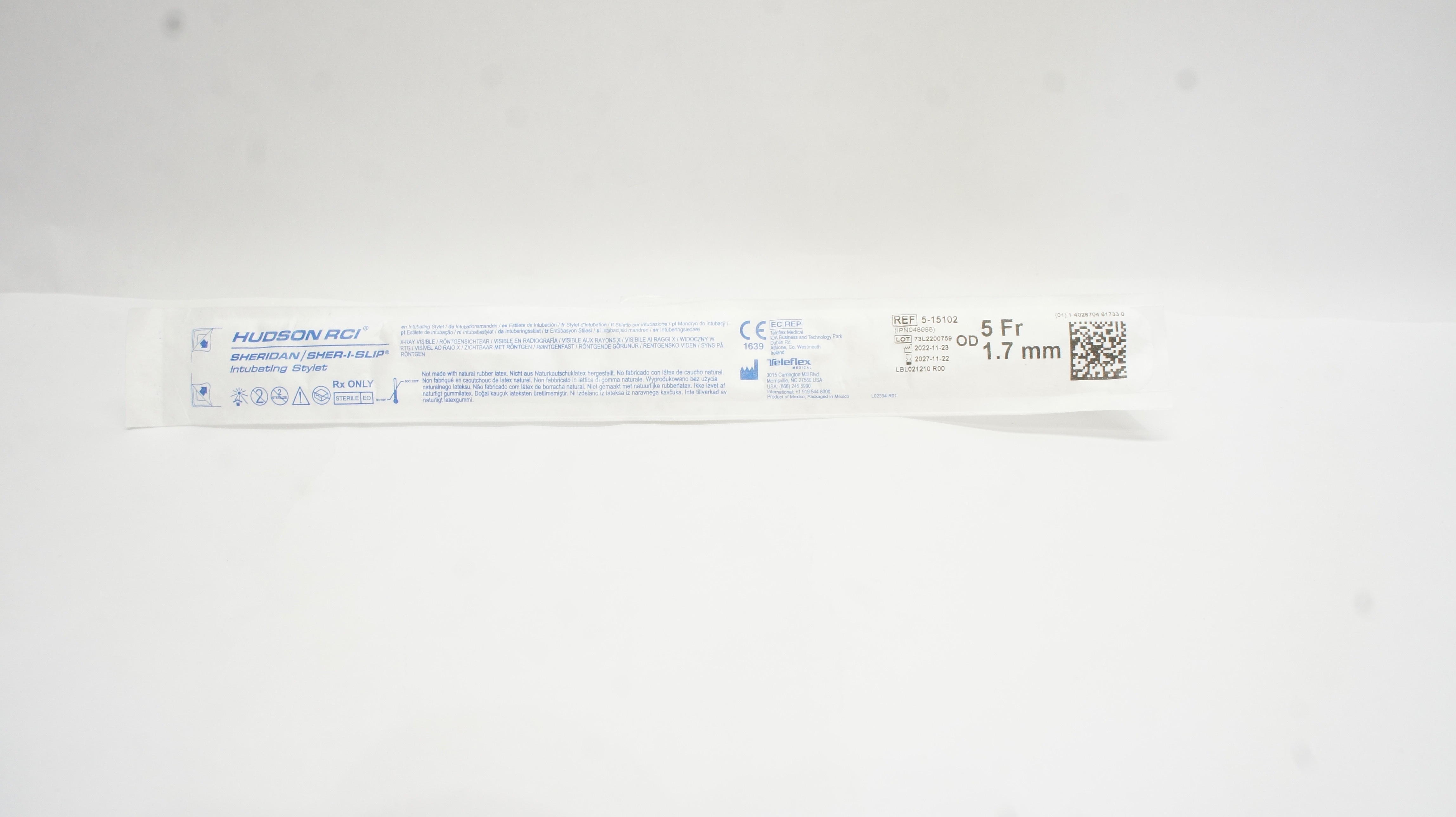 Teleflex 5-15102 Hudson RCI Sheridan Sher-I-Slip Intubating Stylet 5Fr x 1.7mmOD